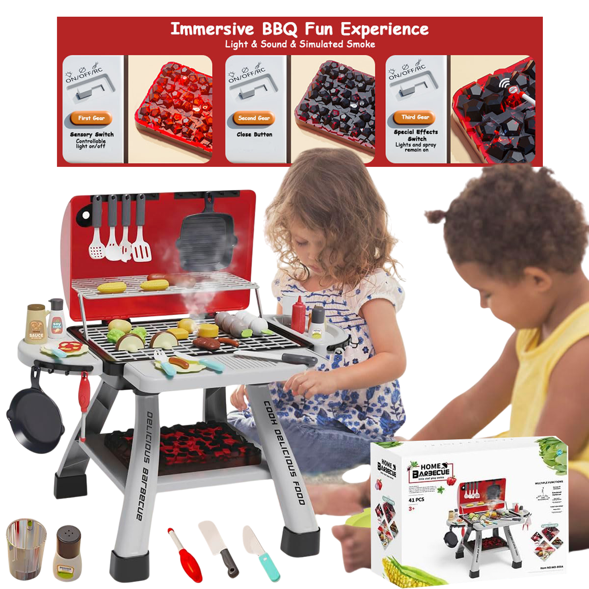 Kids Playset 41Pcs BBQ Toy with Smoke, Sound Light for Pretend