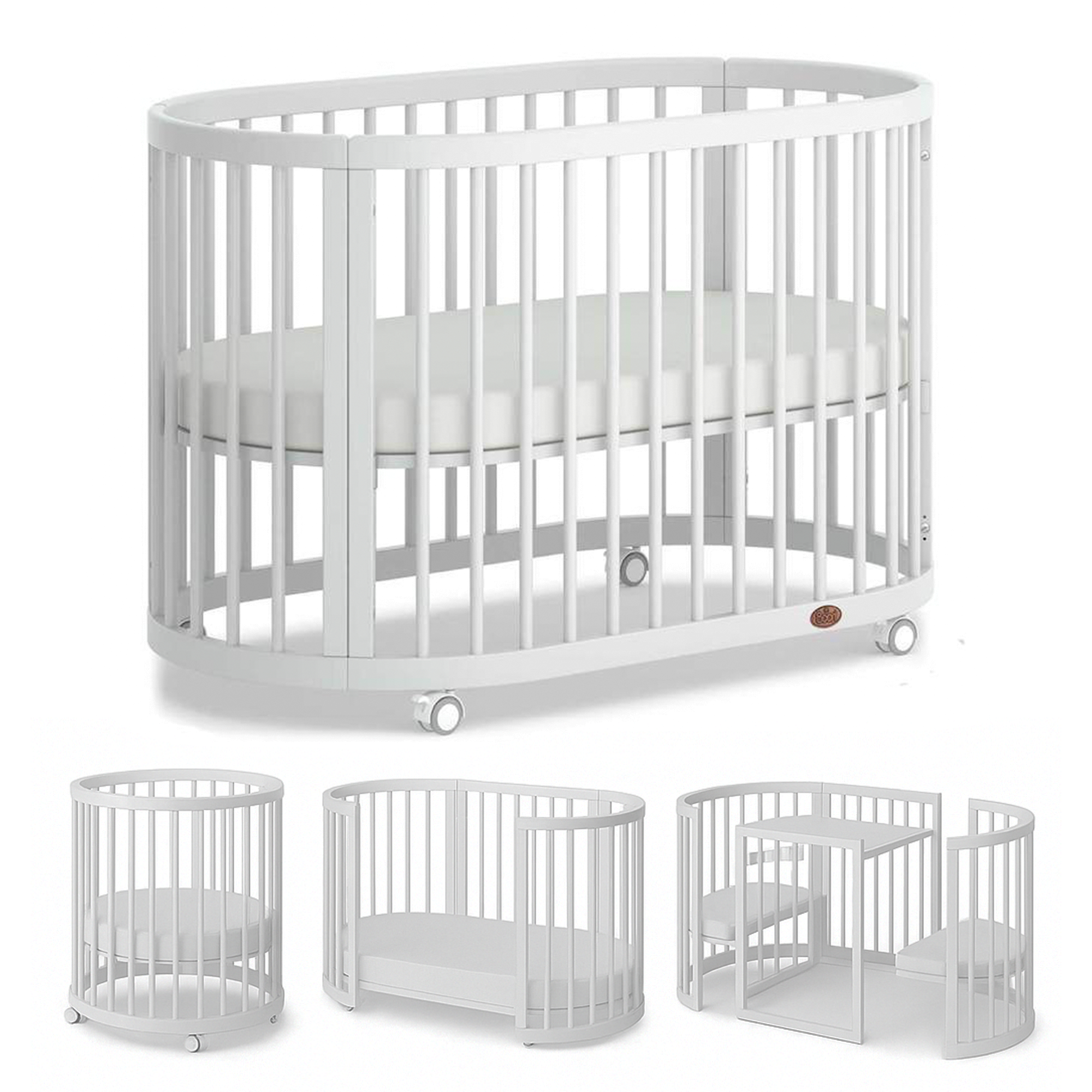 4 in 1 Portable Round & Oval Crib with Guardrails & Wheels Convertible Bed Cot with Memory Mattress