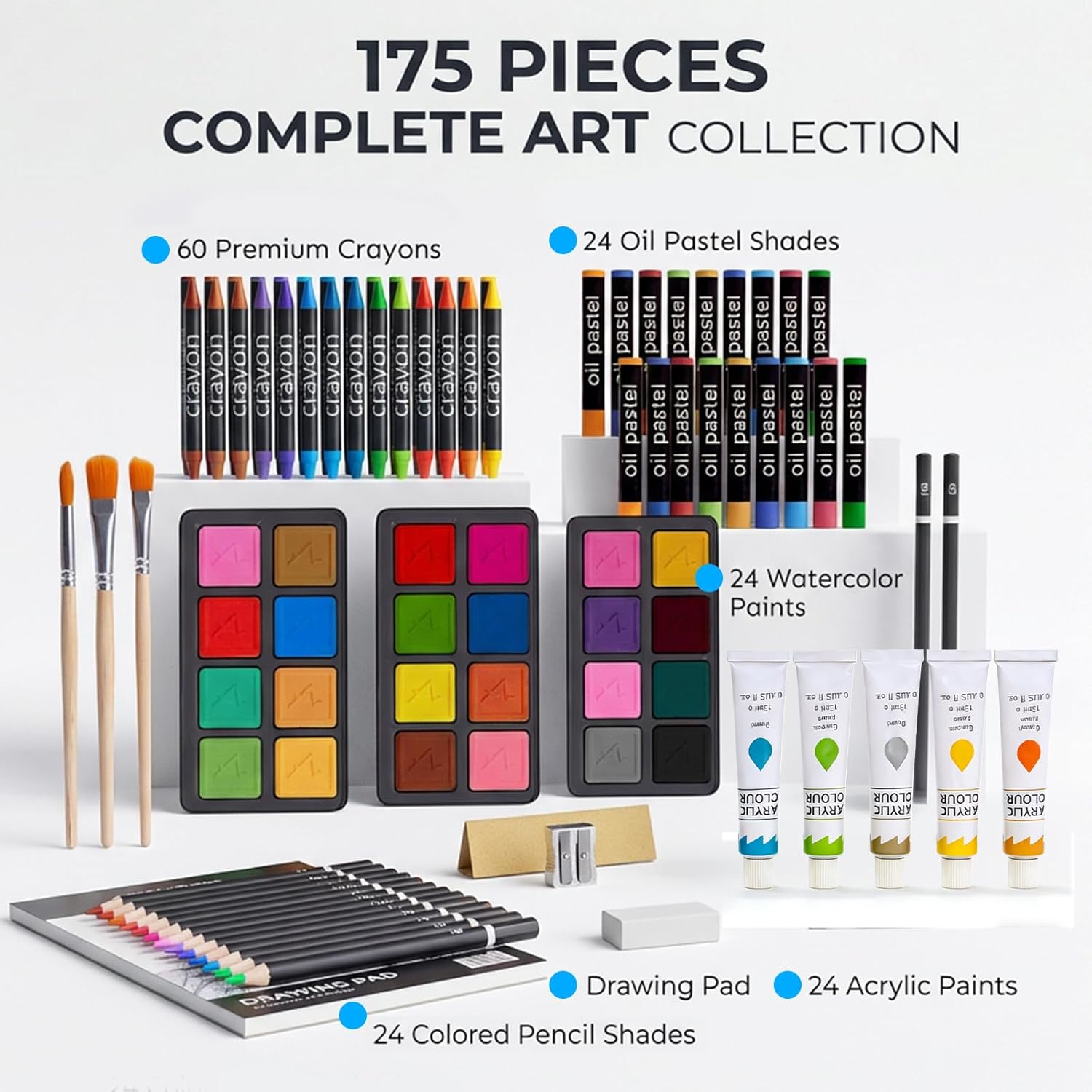 175‑Piece Deluxe Wooden Art Set with Acrylic Paints Colored Pencils, Crayons, Brush Set, Palettes & Dual Drawing Pads