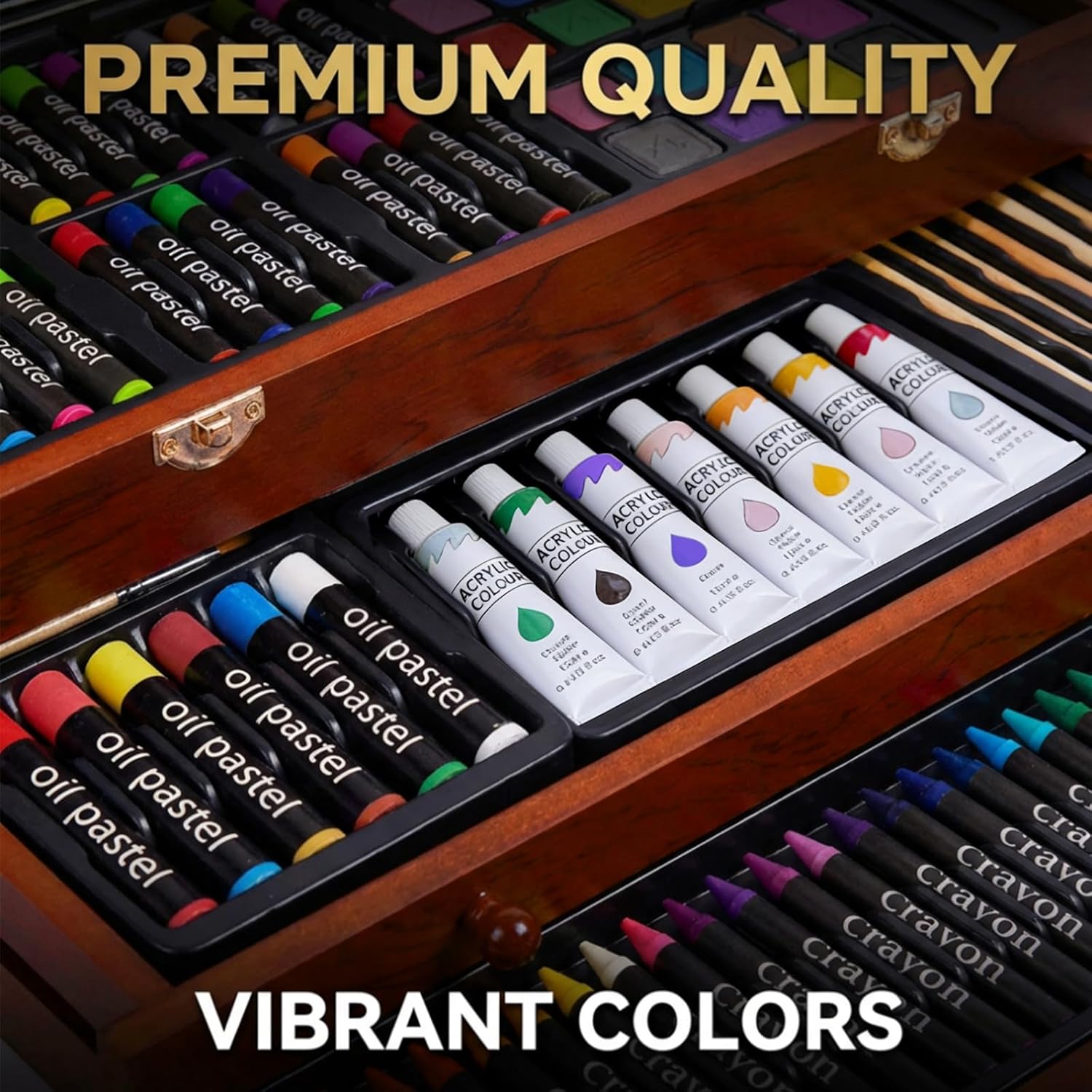 مجموعة فنية خشبية فاخرة مكونة من 175 قطعة، تتضمن ألوان أكريليك، أقلام تلوين، أقلام شمعية، مجموعة فرش، لوحات ألوان، ودفترين للرسم.