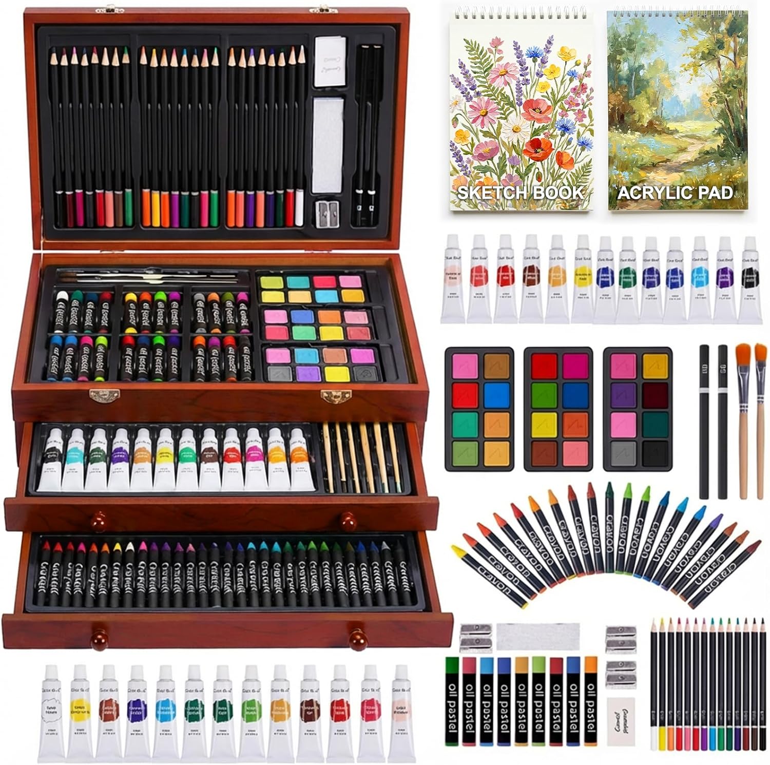 175‑Piece Deluxe Wooden Art Set with Acrylic Paints Colored Pencils, Crayons, Brush Set, Palettes & Dual Drawing Pads