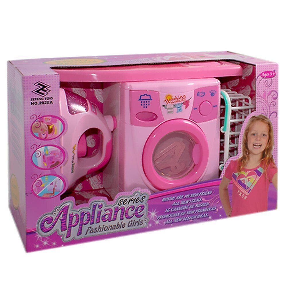 Kids Mini Washing Machine Play Set with Iron & Drying Rack – Pink Pretend Laundry Toy