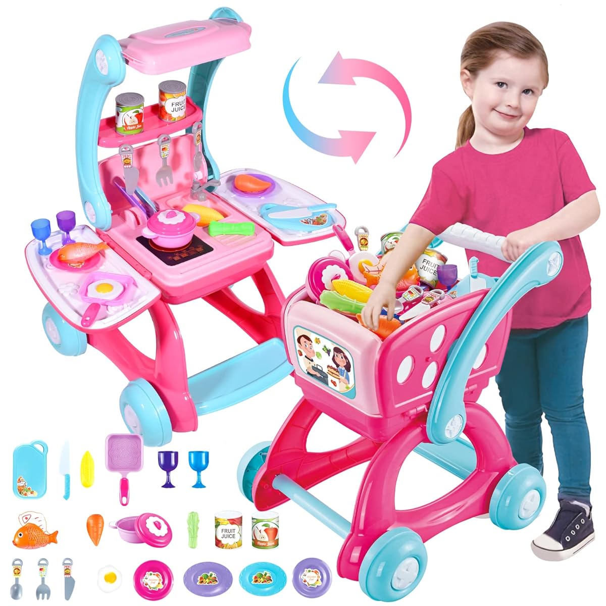 2‑in‑1 Pretend Play Kitchen & Shopping Cart Set