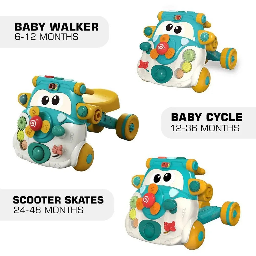 3-in-1 Baby Walker, Toddler Ride-On Scooter & Cycle with Music & Lights