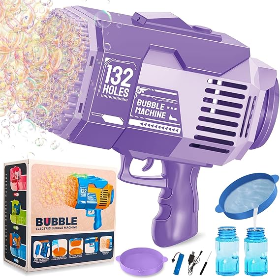 132 Holes Bazooka Bubble Gun with Lights & Solution Rocket Bubble Machine for Kids & Adults