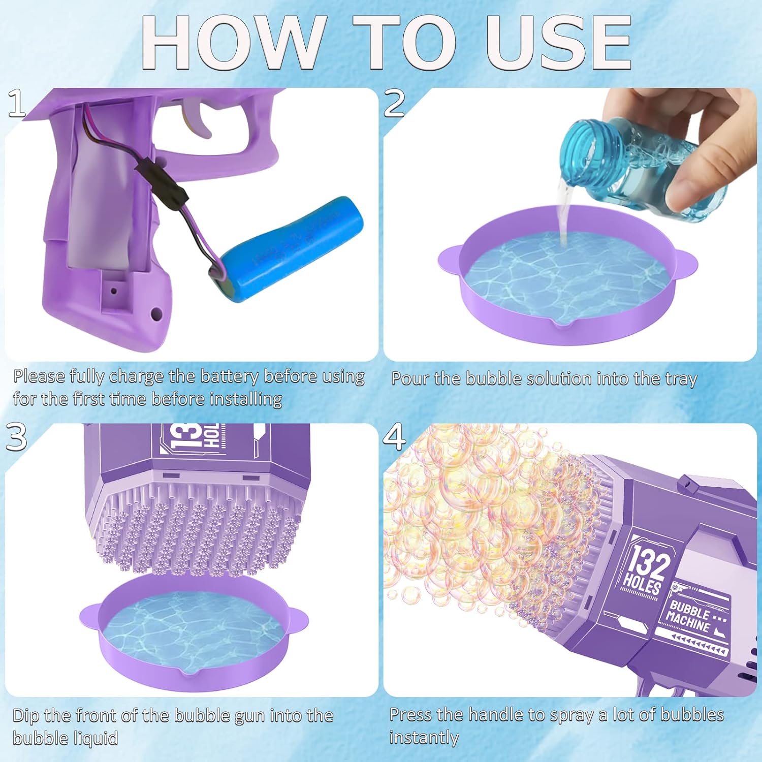 132 Holes Bazooka Bubble Gun with Lights & Solution Rocket Bubble Machine for Kids & Adults