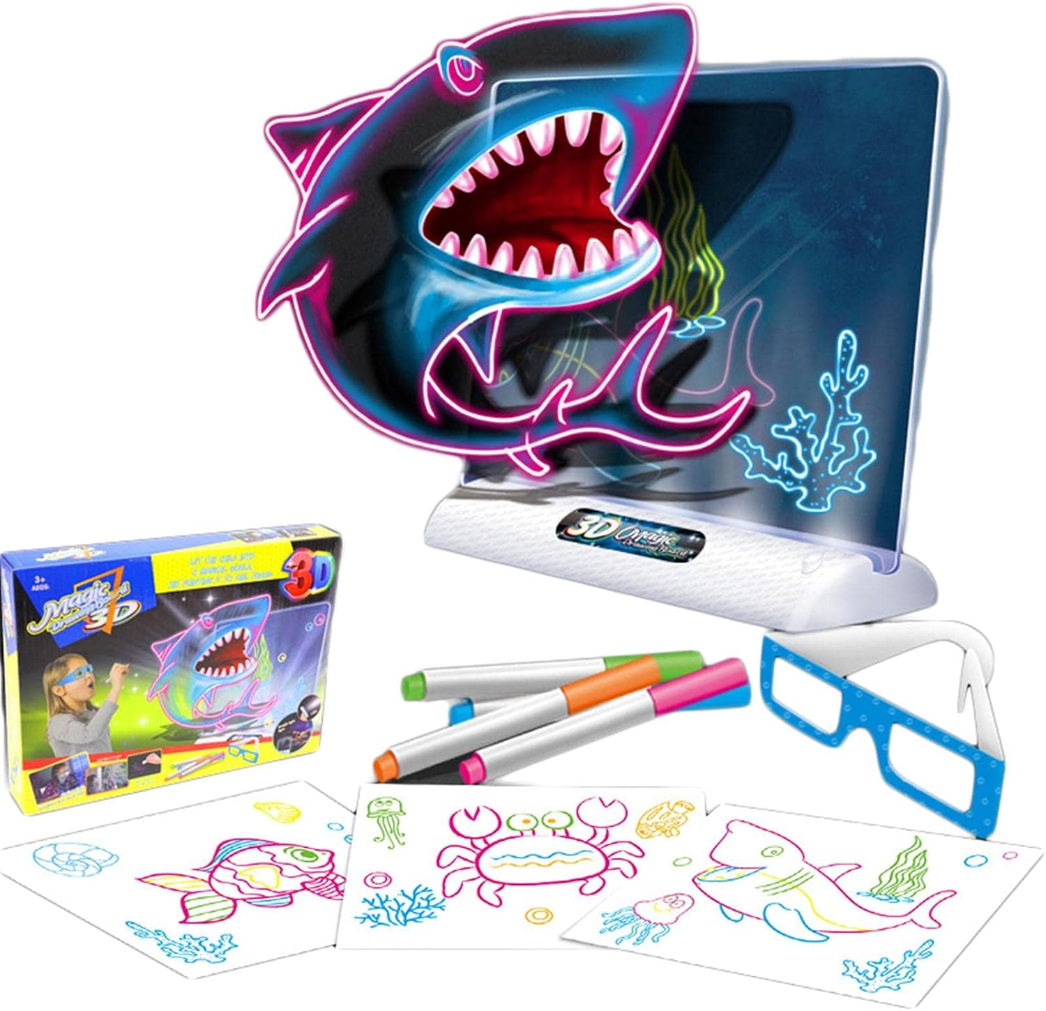 3D Fluorescent Drawing Board Magic Light Reusable Writing Tablet with 3D Glasses for Kids