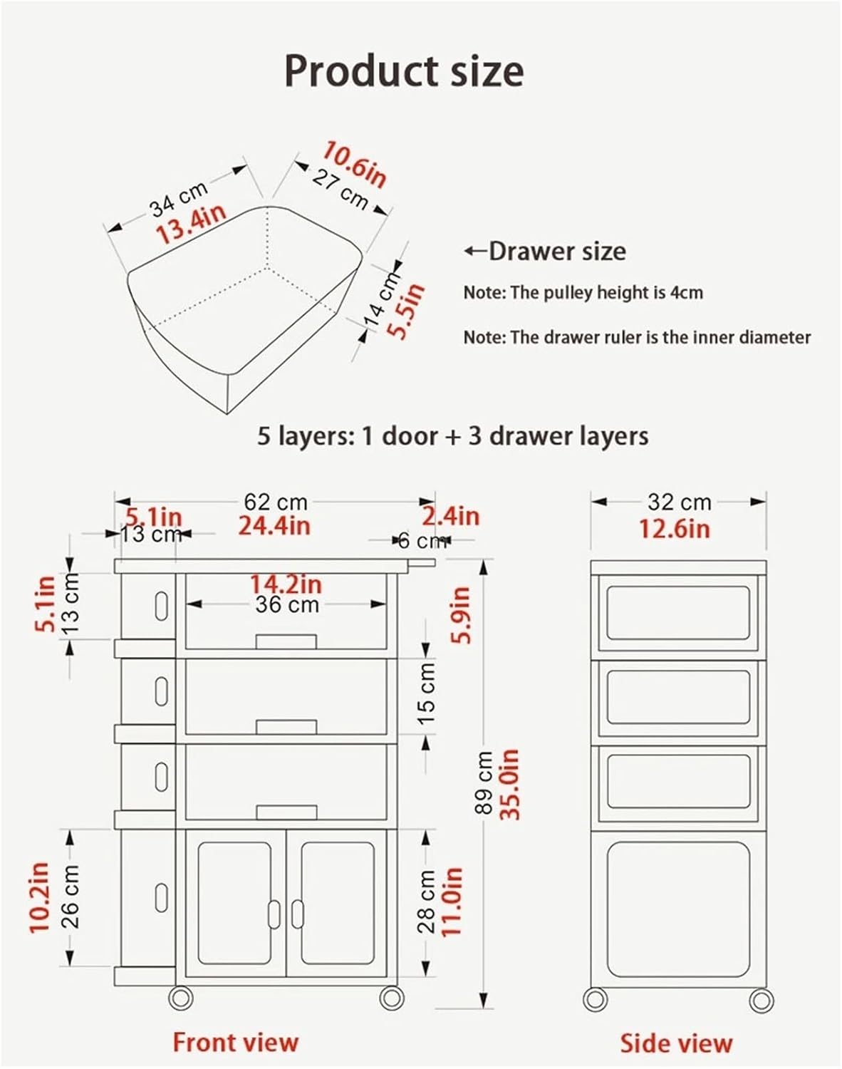 5-Layer Rolling Storage Cart with Drawers White for baby, Kitchen and Bathroom Use