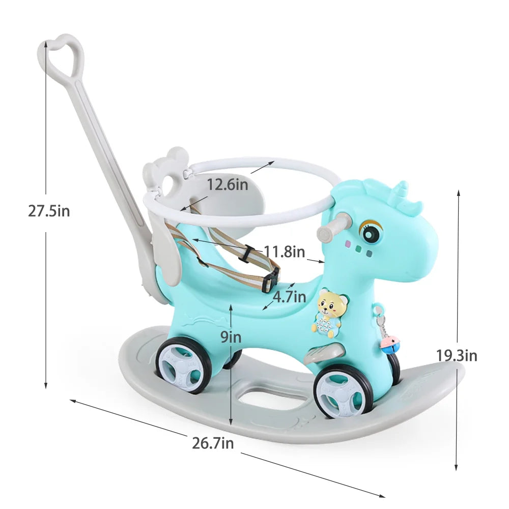 5-in-1 Baby Unicorn Rocking Horse with Push Handle Ride-On Toy for Toddlers (6M–3Y)