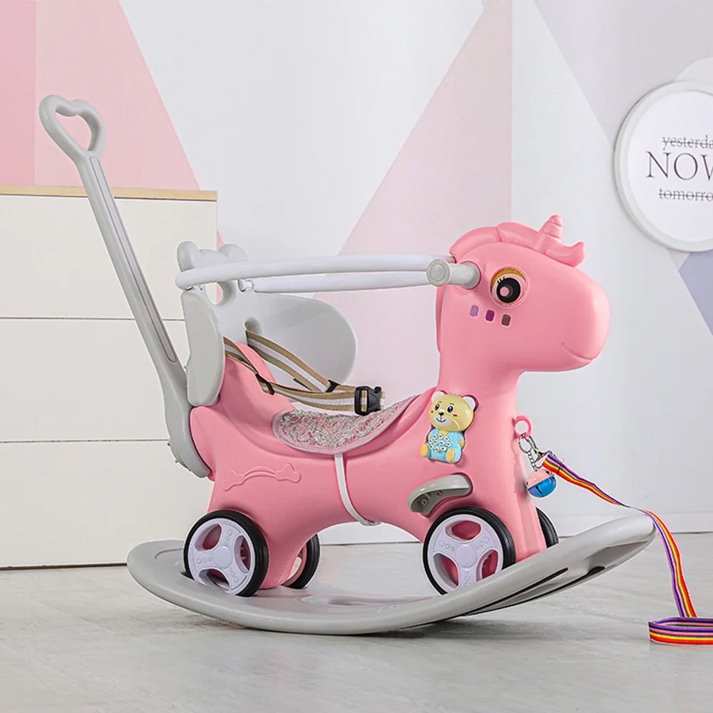 5-in-1 Baby Unicorn Rocking Horse with Push Handle Ride-On Toy for Toddlers (6M–3Y)