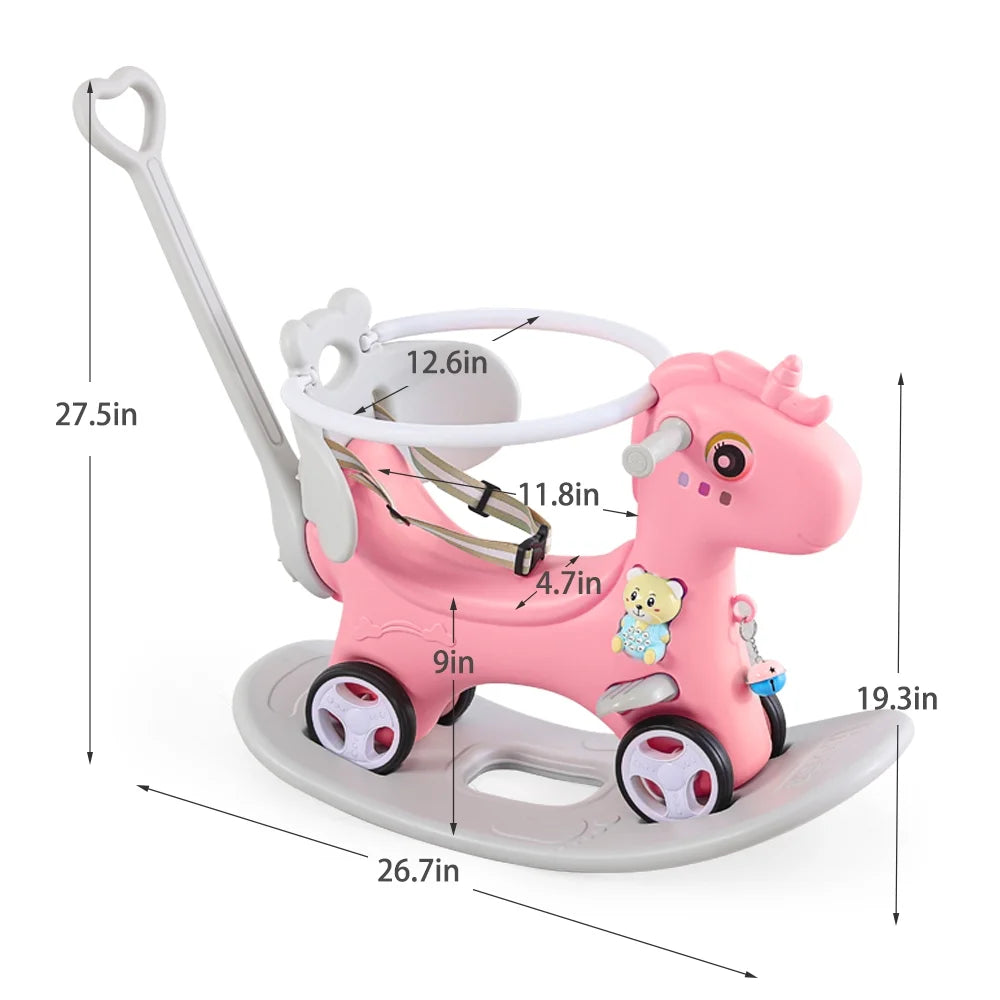 5-in-1 Baby Unicorn Rocking Horse with Push Handle Ride-On Toy for Toddlers (6M–3Y)