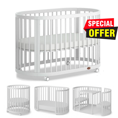 4 in 1 Portable Round & Oval Crib with Guardrails & Wheels Convertible Bed Cot with Memory Mattress