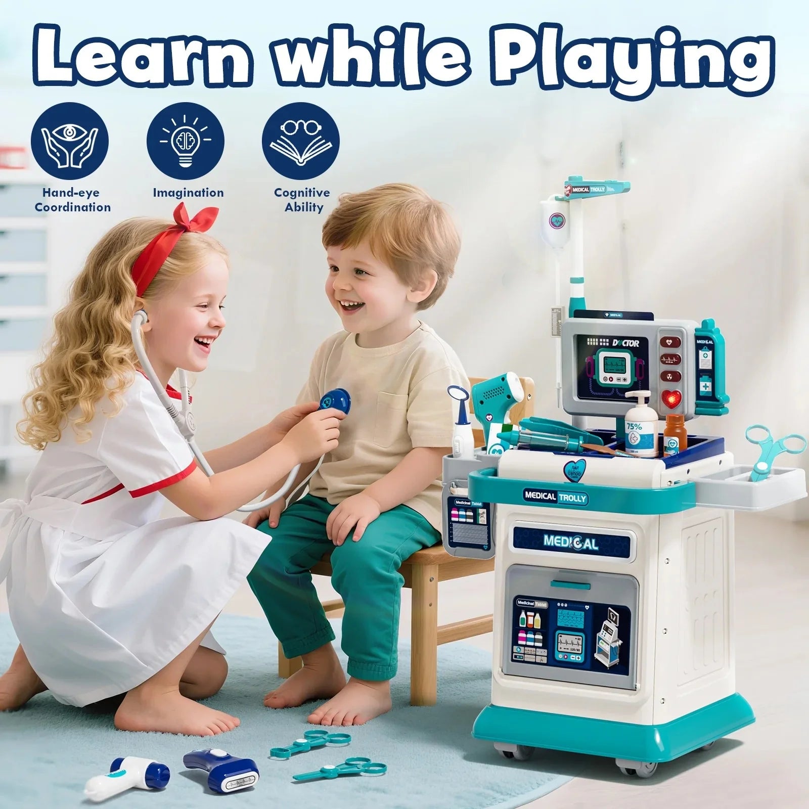 Kids Doctor Kit with Light & Sound Mobile Medical Station Pretend Play Set
