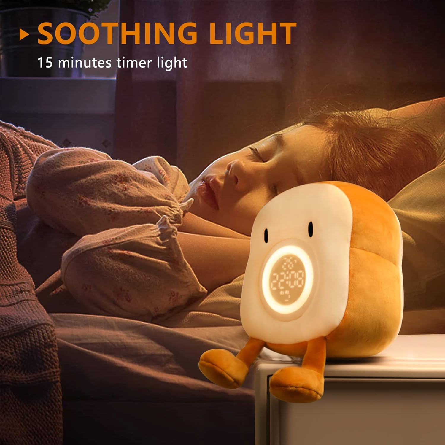 Cute Toast Plush Alarm Clock Rechargeable, Dimmable Night Light for Kids