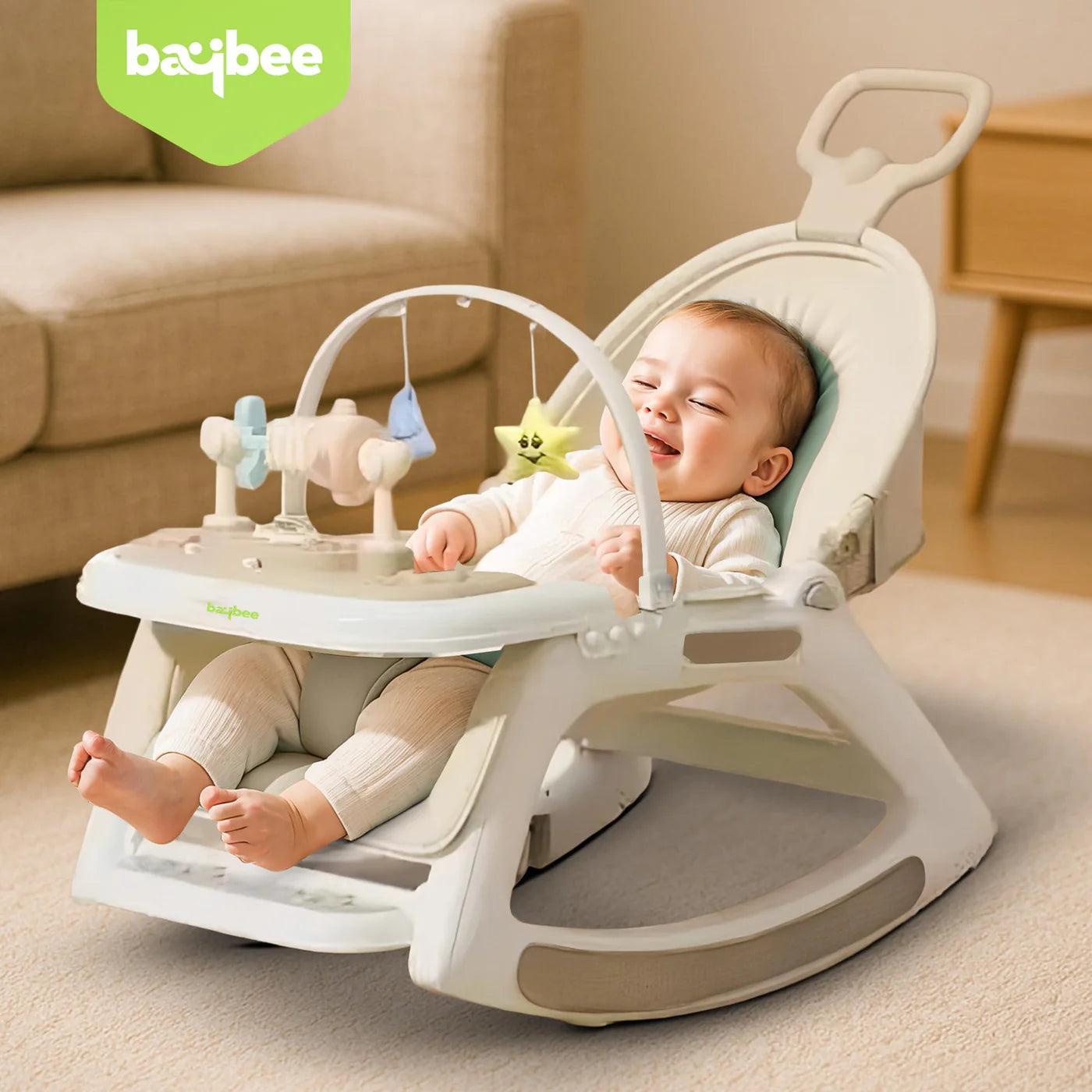 baby 5-in-1 Baby Rocking Chair and walker with Hanging Toys Multi-Position Recline, Music, Wheels & Food Tray for 0-3 Years