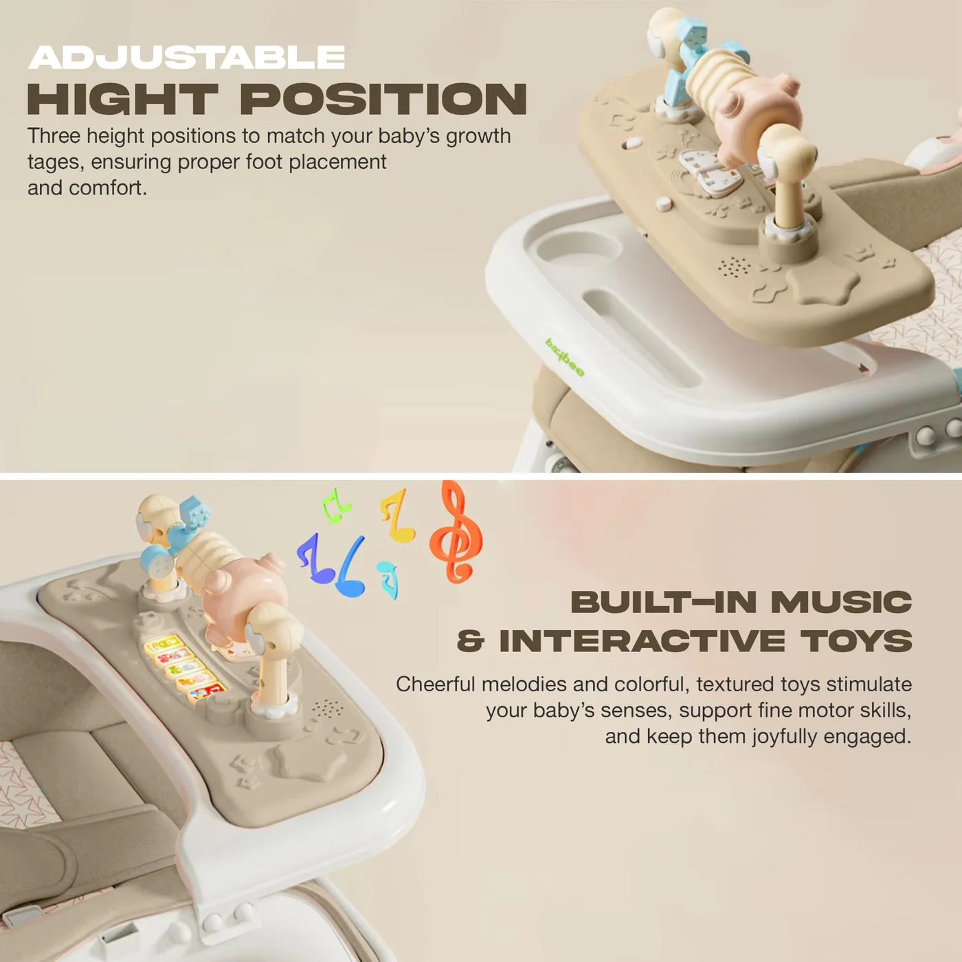 baby 5-in-1 Baby Rocking Chair and walker with Hanging Toys Multi-Position Recline, Music, Wheels & Food Tray for 0-3 Years