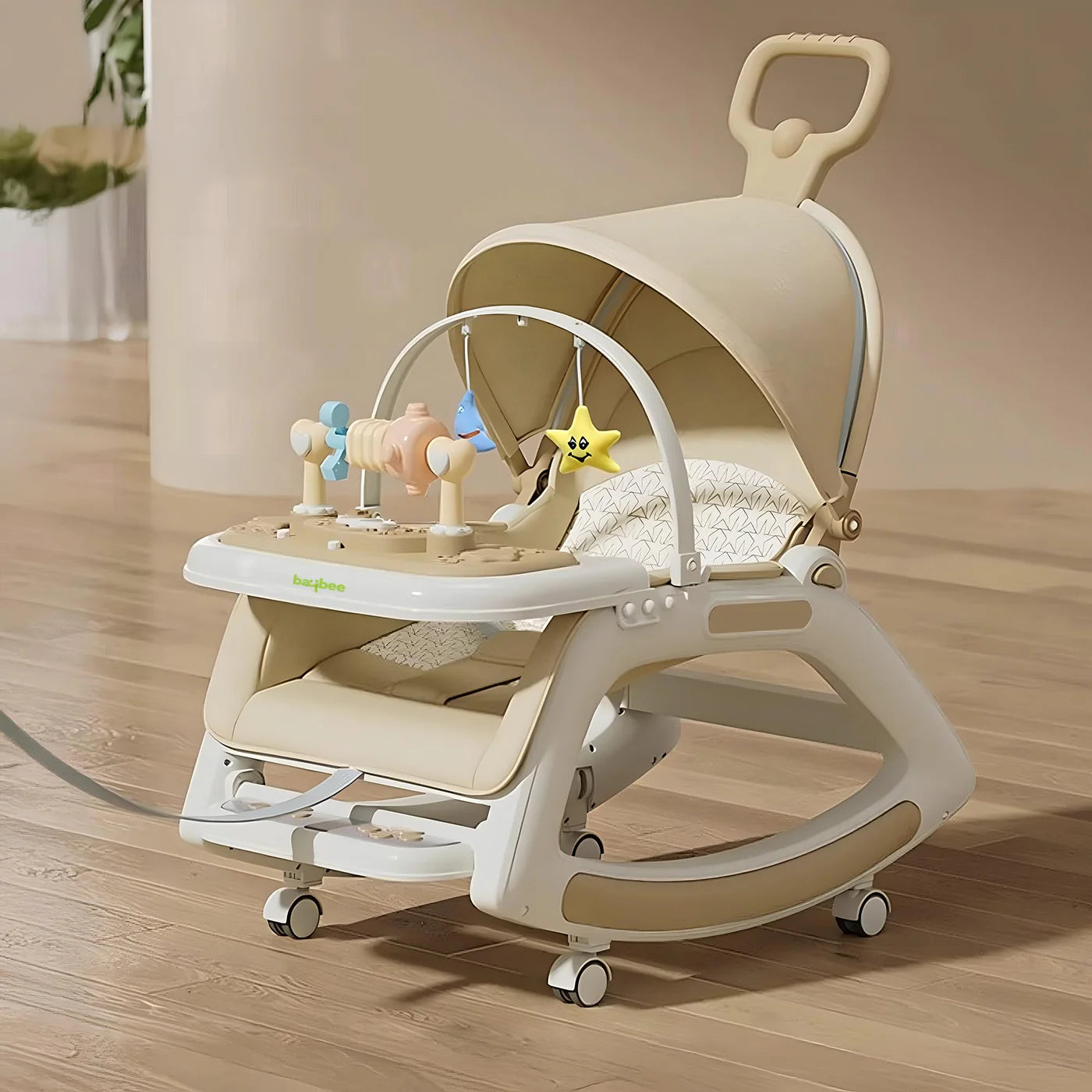 baby 5-in-1 Baby Rocking Chair and walker with Hanging Toys Multi-Position Recline, Music, Wheels & Food Tray for 0-3 Years