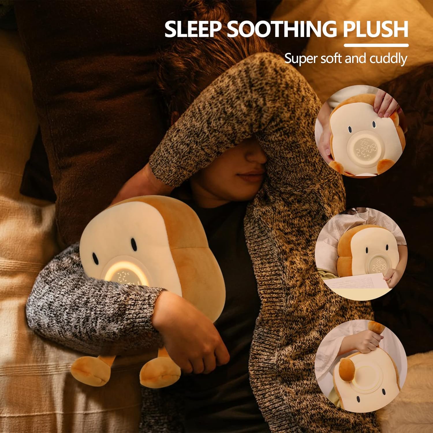 Cute Toast Plush Alarm Clock Rechargeable, Dimmable Night Light for Kids