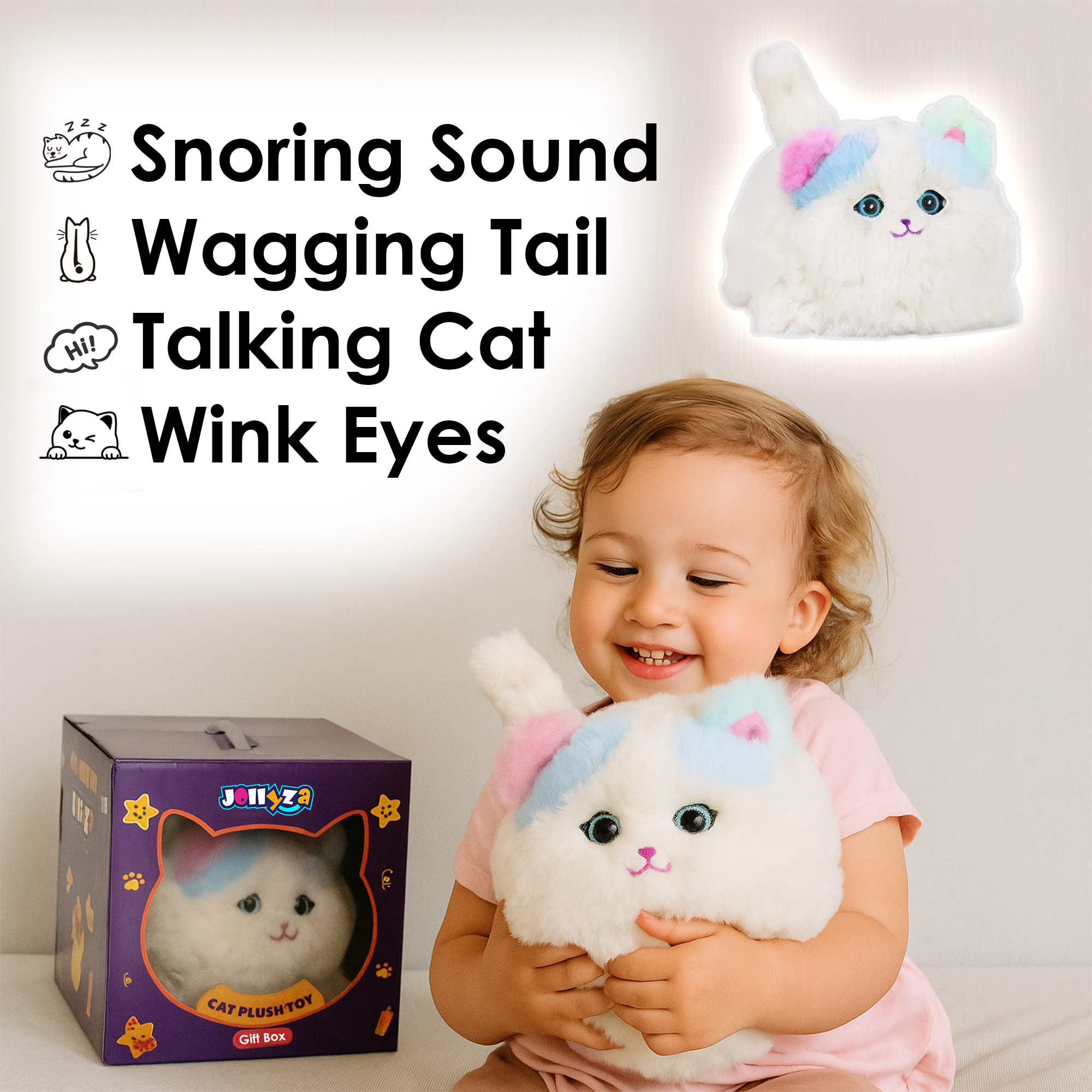 Jollyza Realistic Plush Electric Cuddle Cat Toy with Talking, Tail Wagging & Blinking Eyes – Soft, Interactive & Rechargeable for Kids