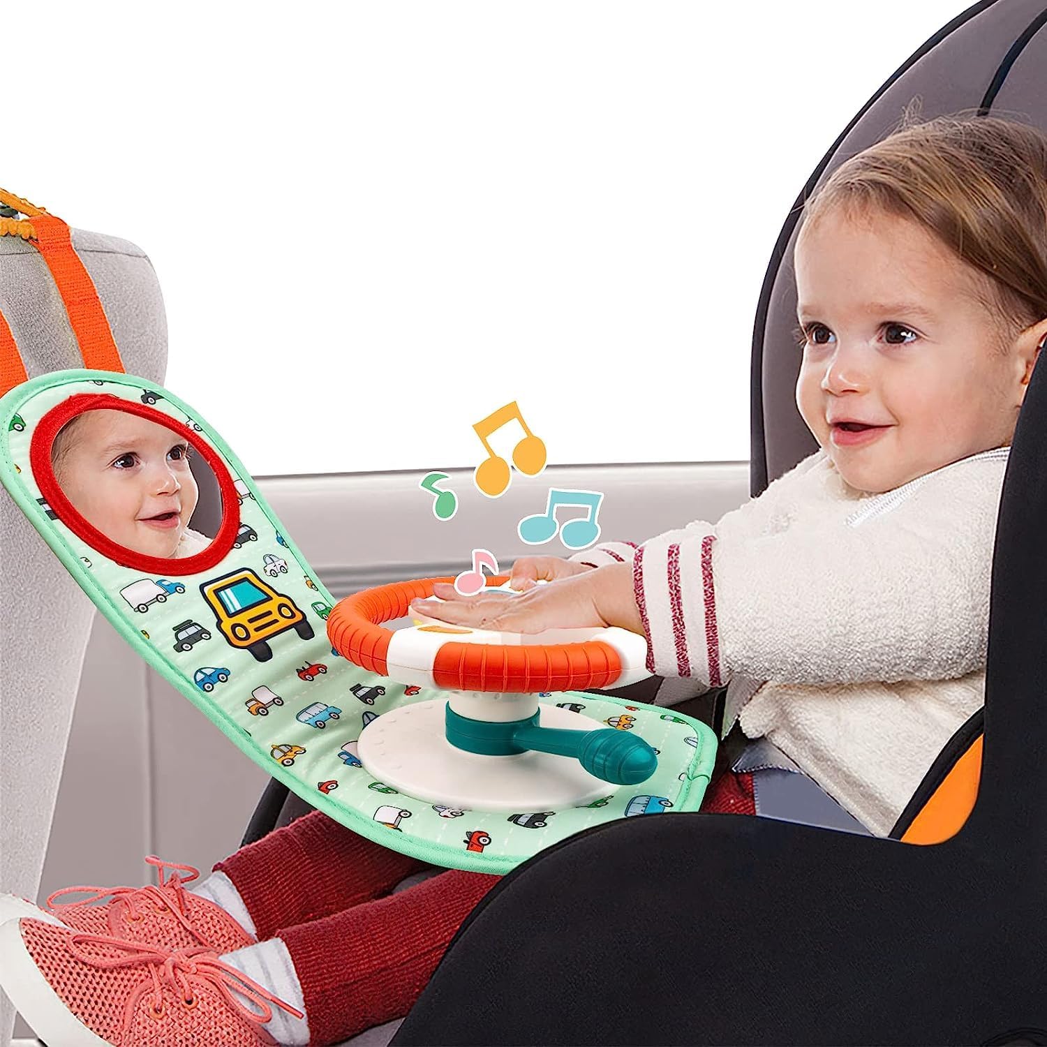 Baby Car Seat Toys with Mirror, Steering Wheel, Music Lights, Driving Sounds & Role Play Game