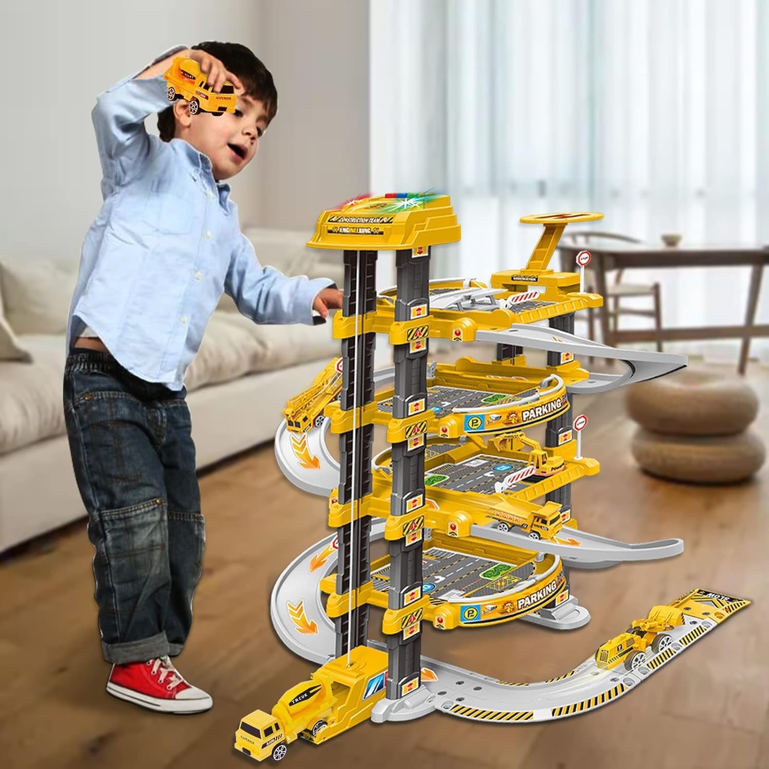 City Ultimate Garage Playset Electric Electric ، Race Car Ramp ، وقوف السيارات مرآب للأطفال 3+ ، تشمل 3 سيارات وخريطة