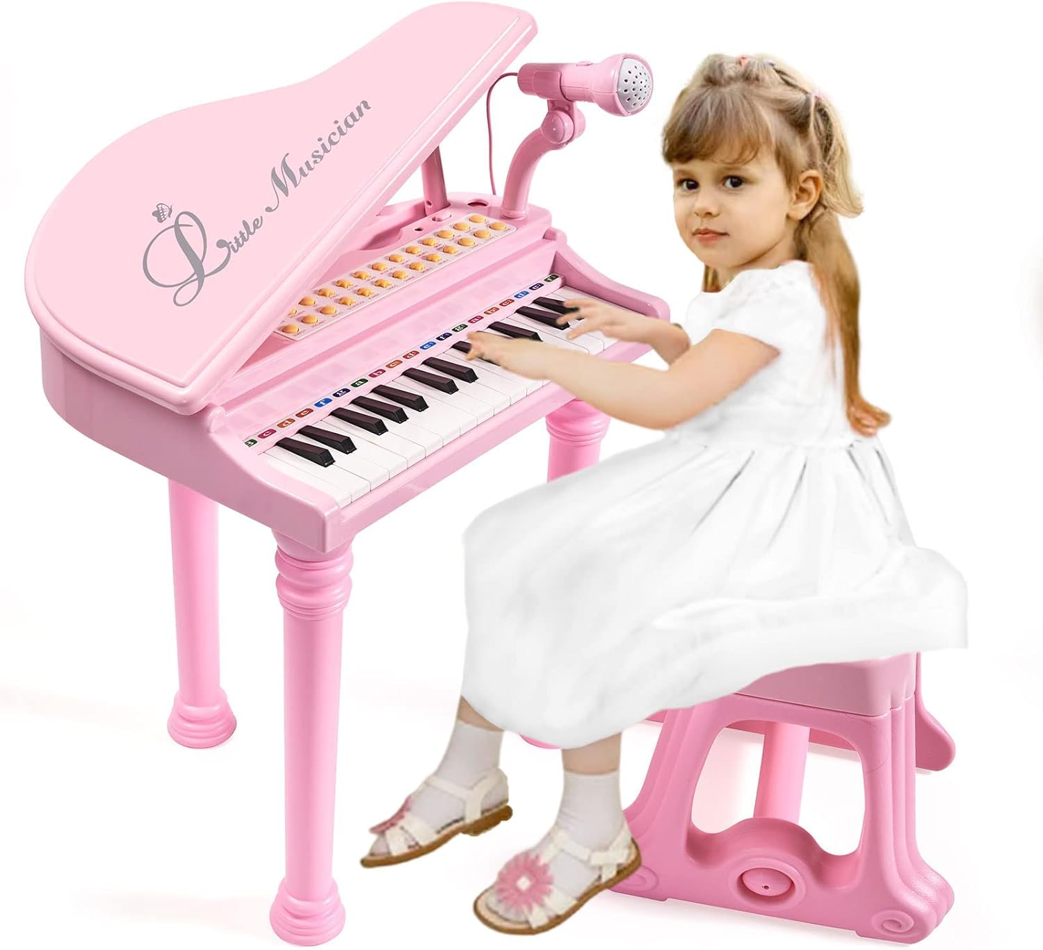 Conomus 31-Key Pink Piano Toy for Toddlers with Mic & Stool