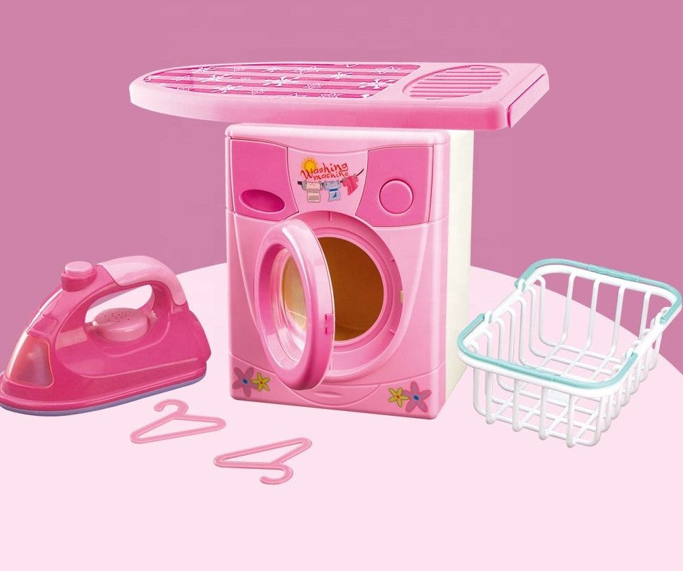 Kids Mini Washing Machine Play Set with Iron & Drying Rack – Pink Pretend Laundry Toy