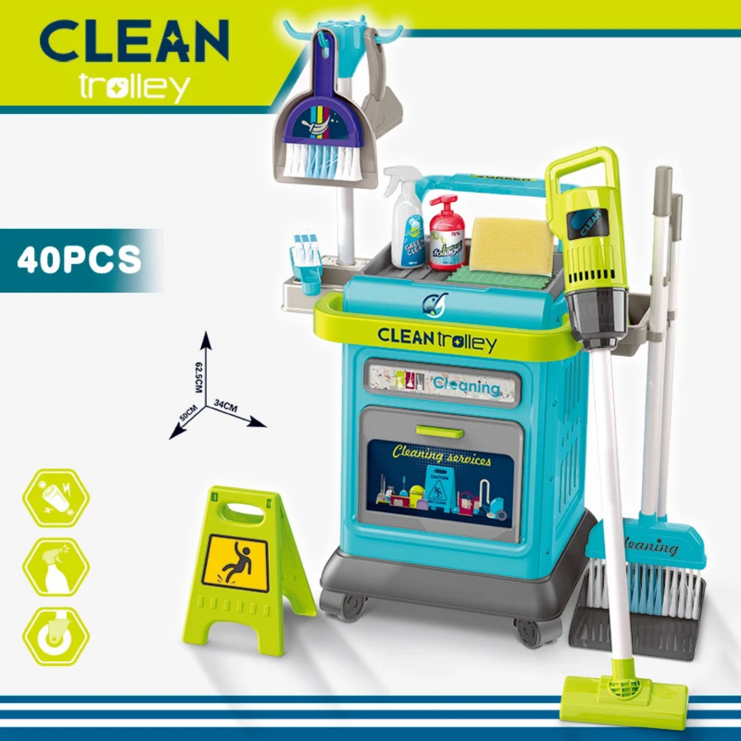 Kids Cleaning Set for Toddlers – 40-Piece Pretend Play Cleaning Cart with Real Working Vacuum