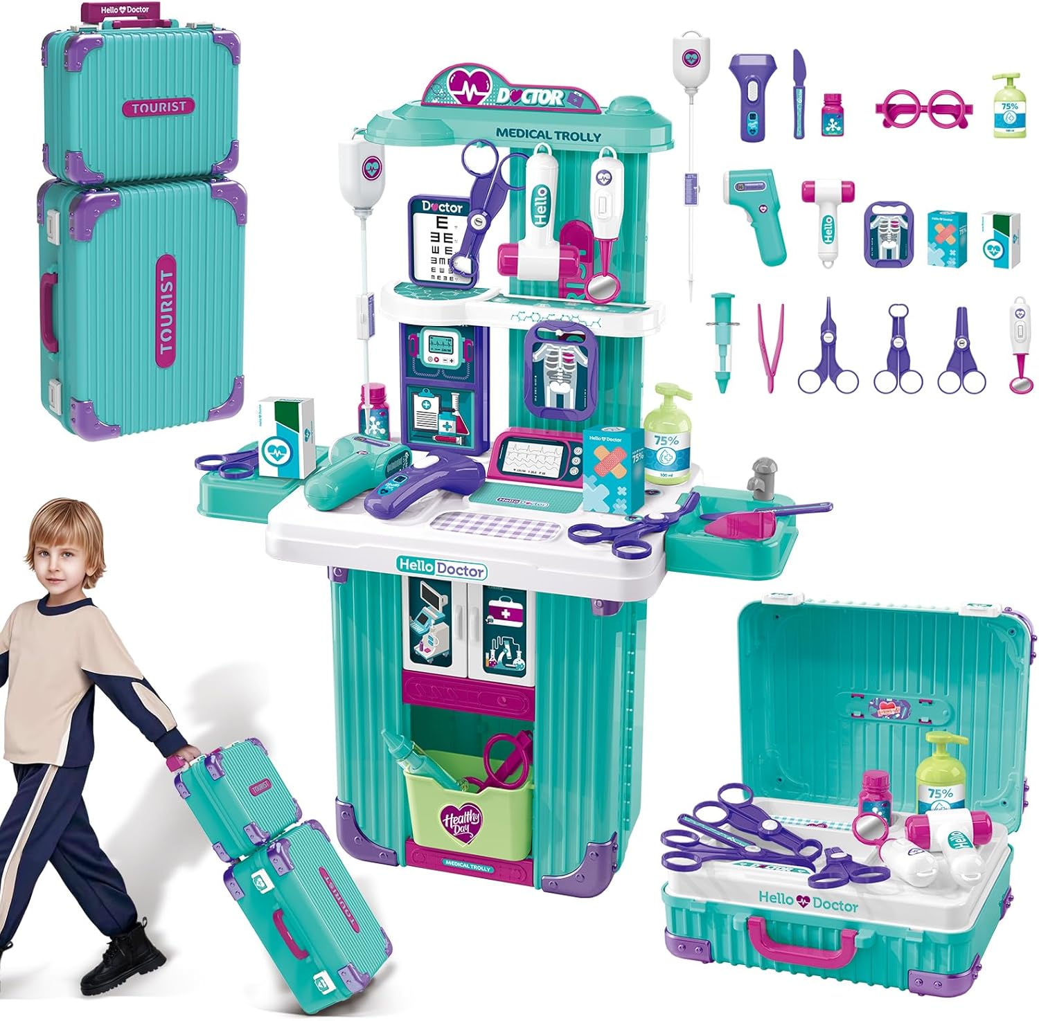 Kids Doctor Playset with Mobile Medical Station & Accessories Pretend Kit for Ages 3+