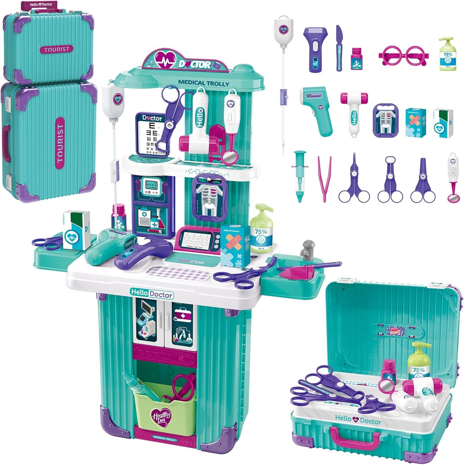Kids Doctor Playset with Mobile Medical Station & Accessories Pretend Kit for Ages 3+