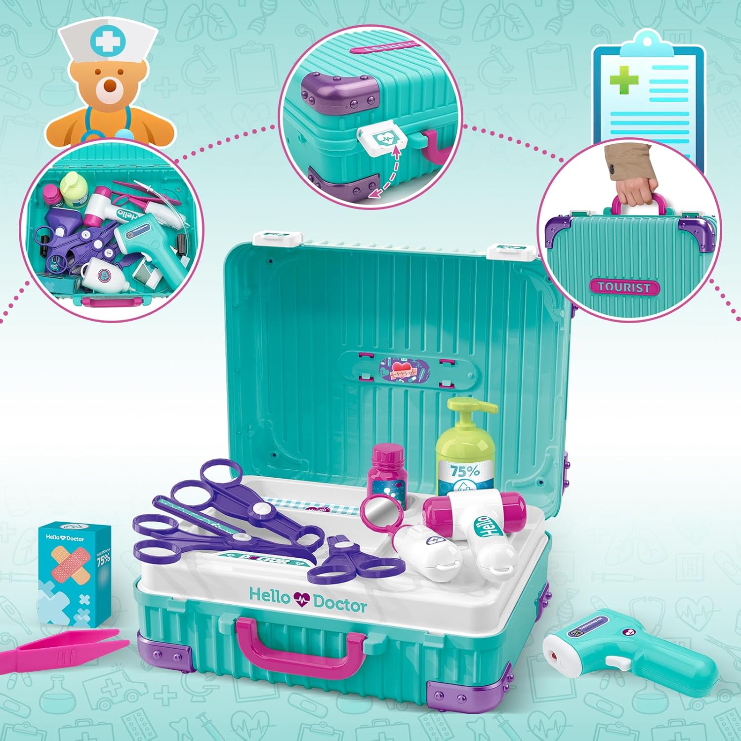 Kids Doctor Playset with Mobile Medical Station & Accessories Pretend Kit for Ages 3+