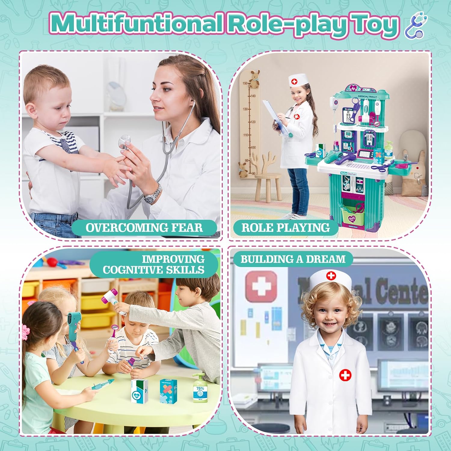 Kids Doctor Playset with Mobile Medical Station & Accessories Pretend Kit for Ages 3+