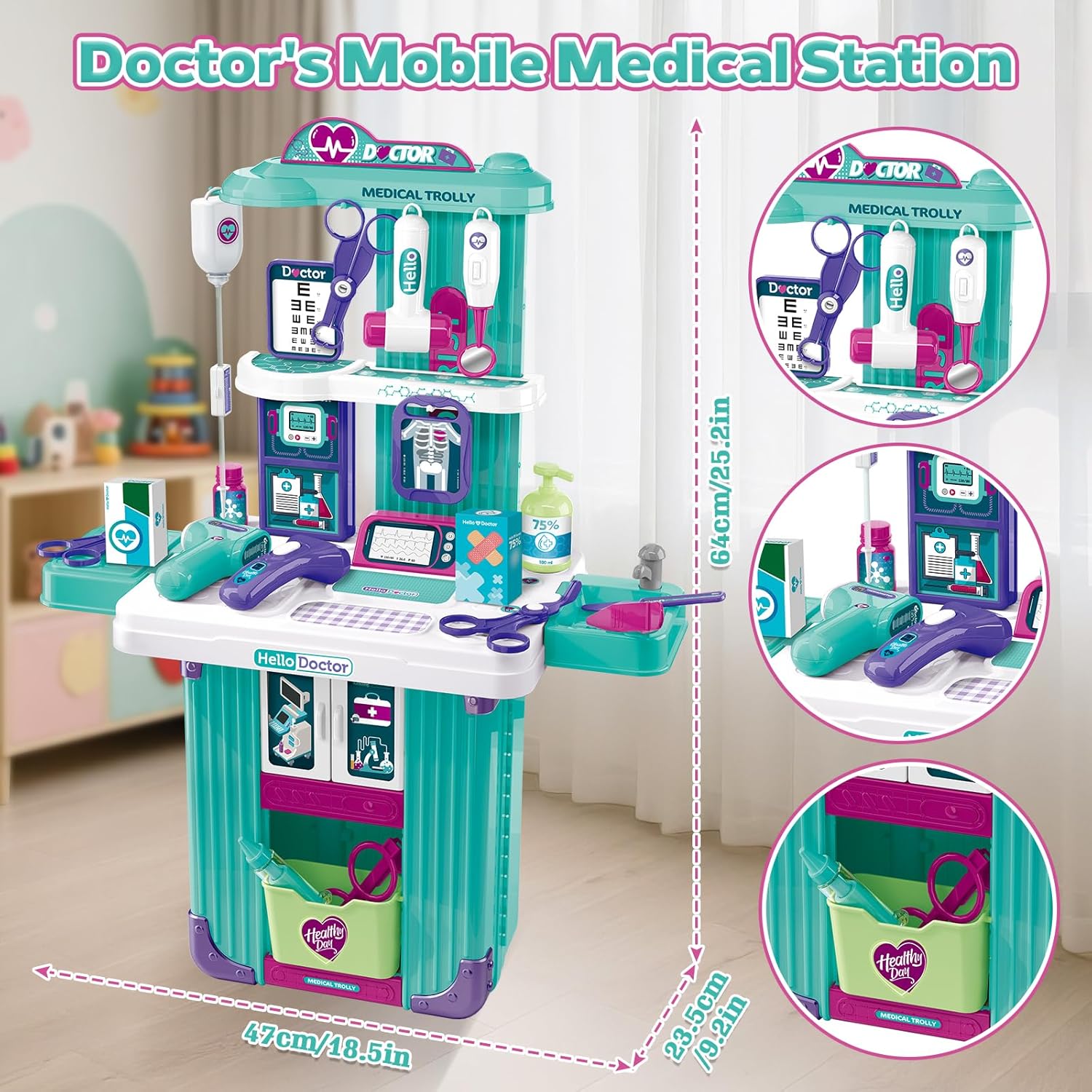 Kids Doctor Playset with Mobile Medical Station & Accessories Pretend Kit for Ages 3+