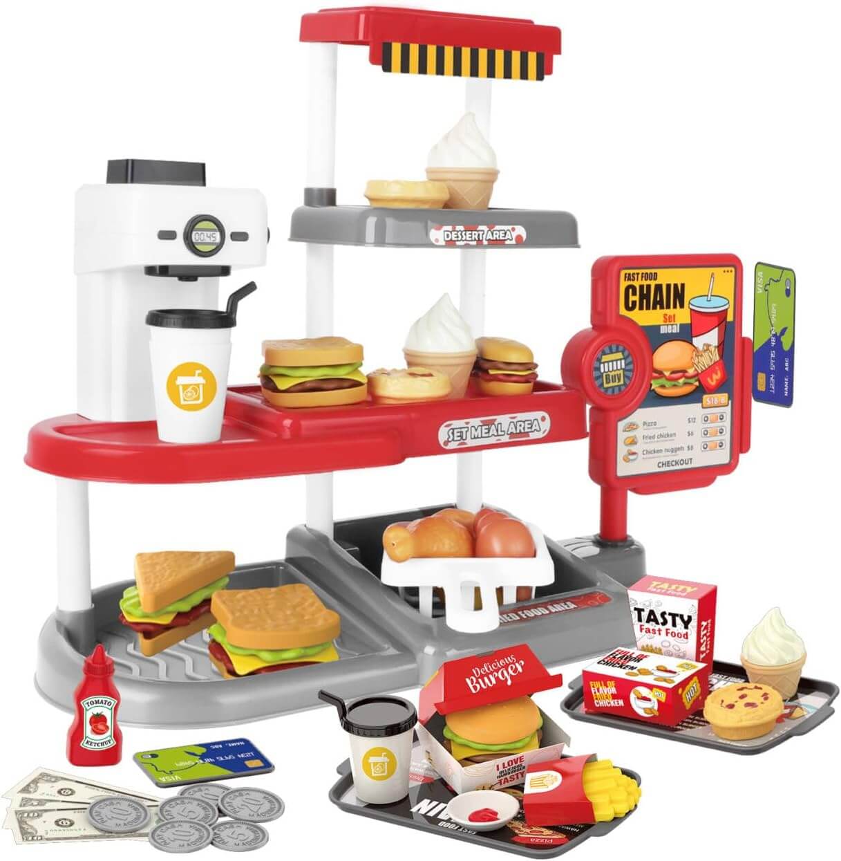Kids Fast Food Cash Register Play Set with Sound & Accessories
