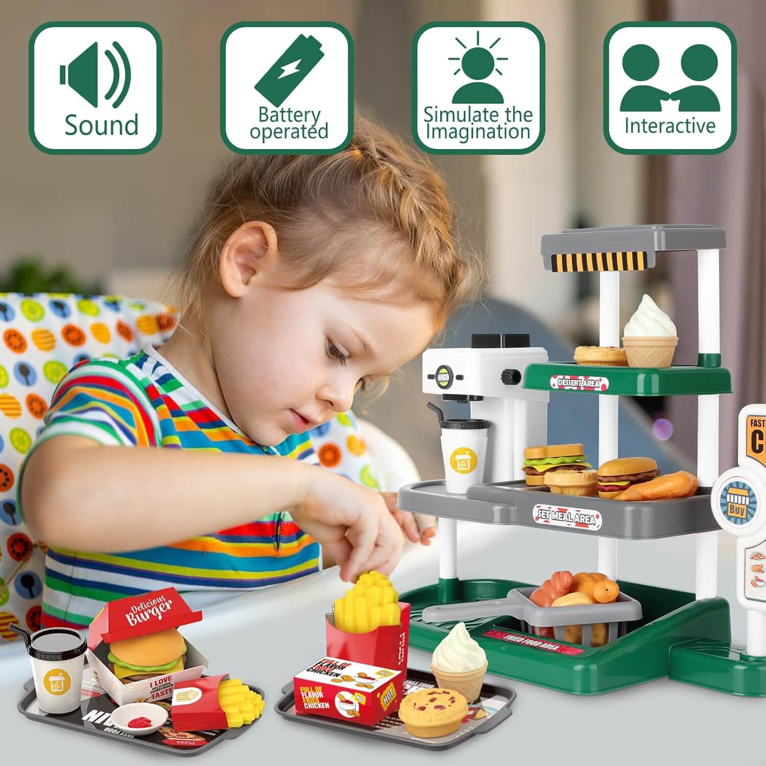 Kids Fast Food Cash Register Play Set with Sound & Accessories