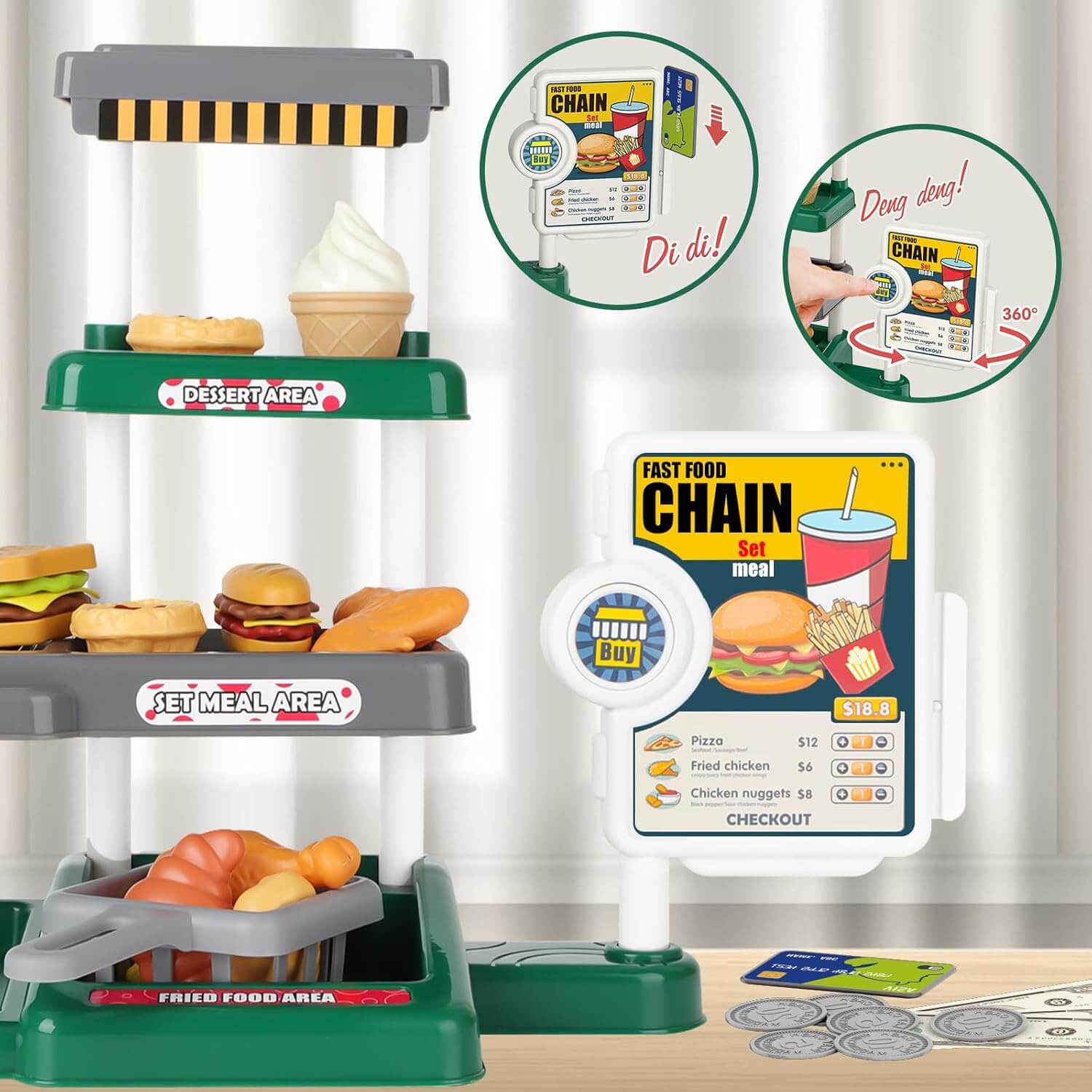 Kids Fast Food Cash Register Play Set with Sound & Accessories