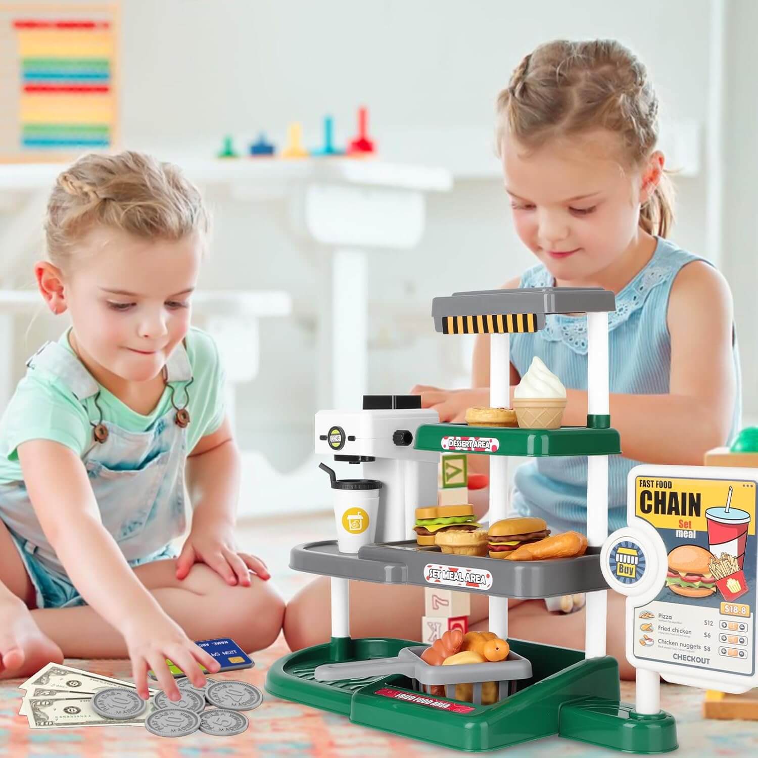 Kids Fast Food Cash Register Play Set with Sound & Accessories