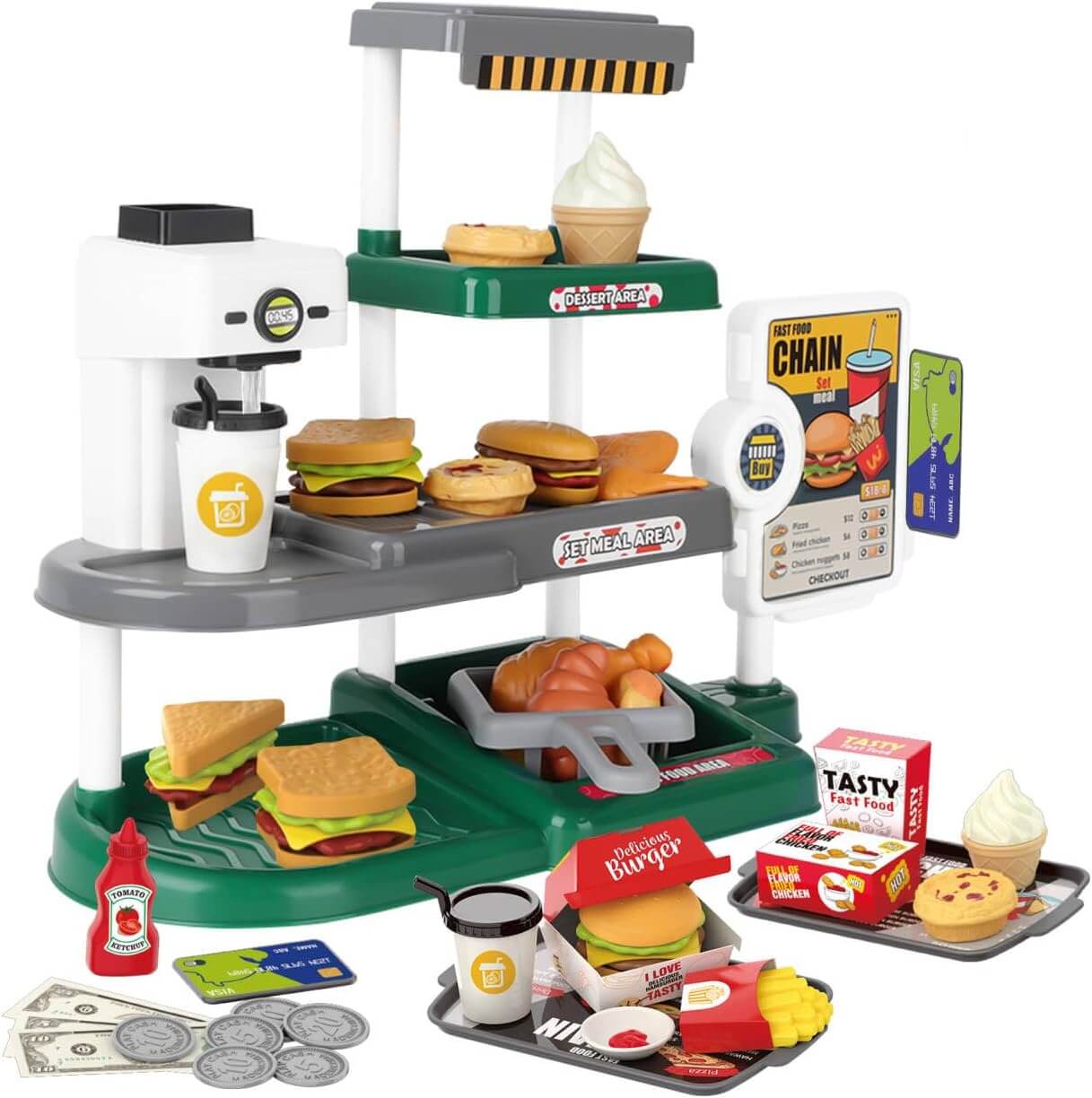 Kids Fast Food Cash Register Play Set with Sound & Accessories