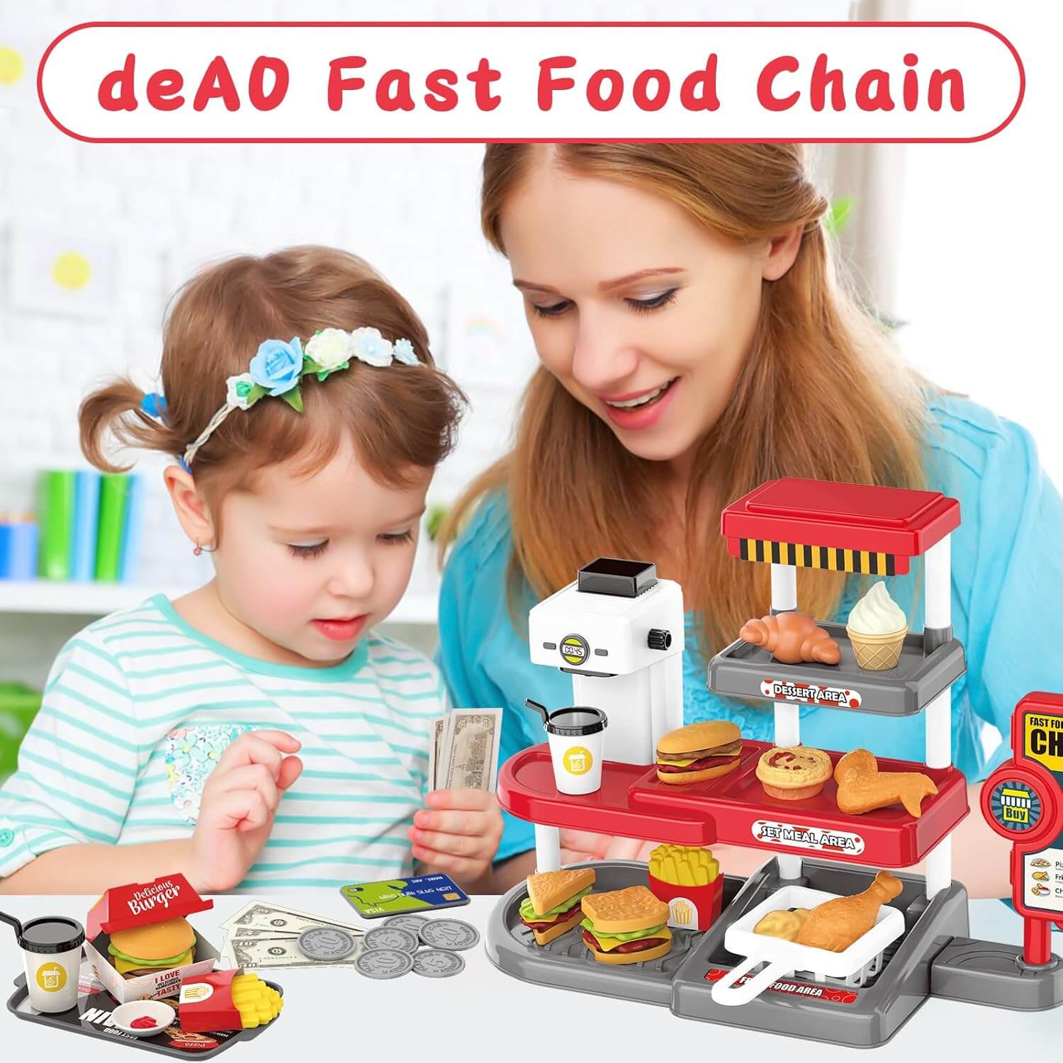 Kids Fast Food Cash Register Play Set with Sound & Accessories