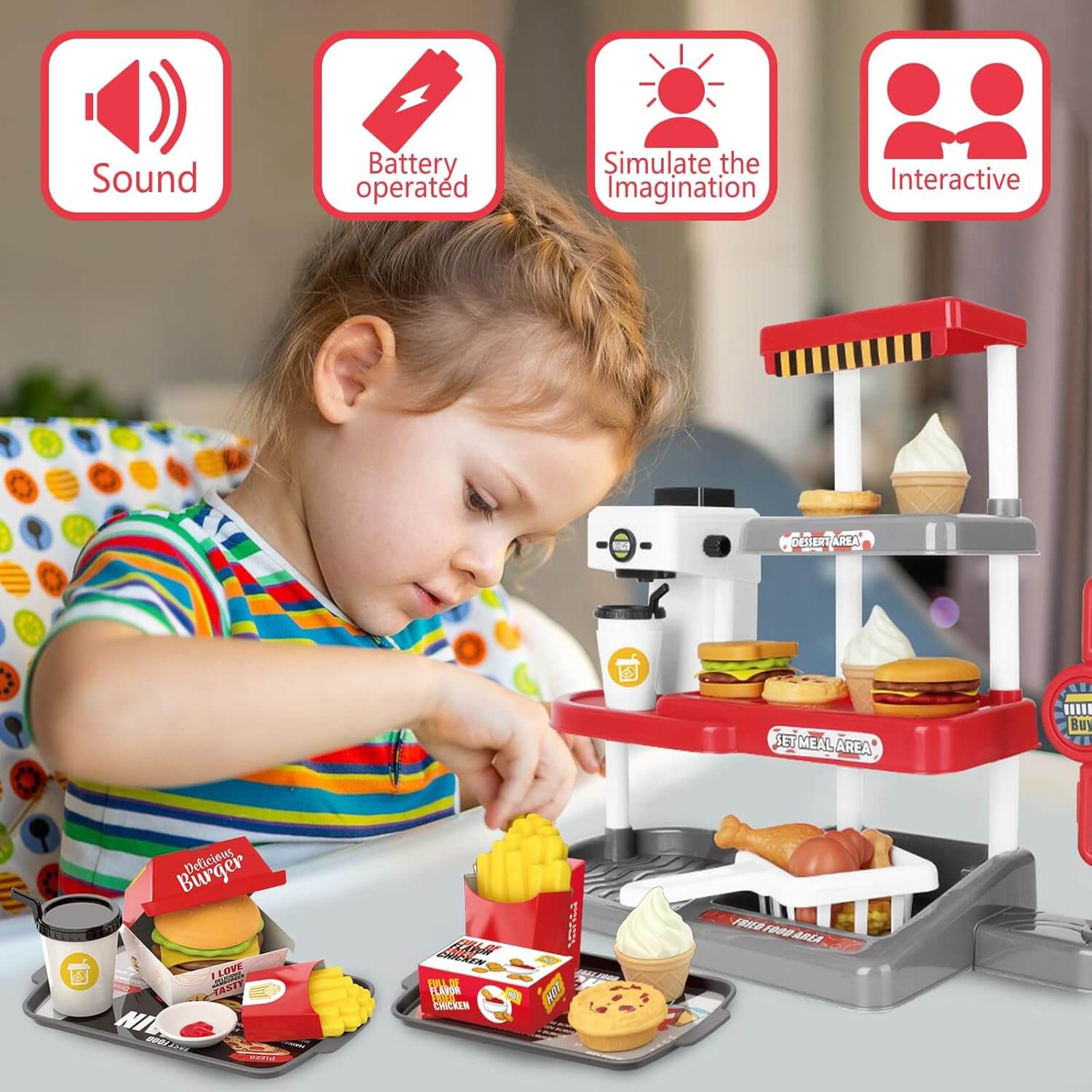 Kids Fast Food Cash Register Play Set with Sound & Accessories