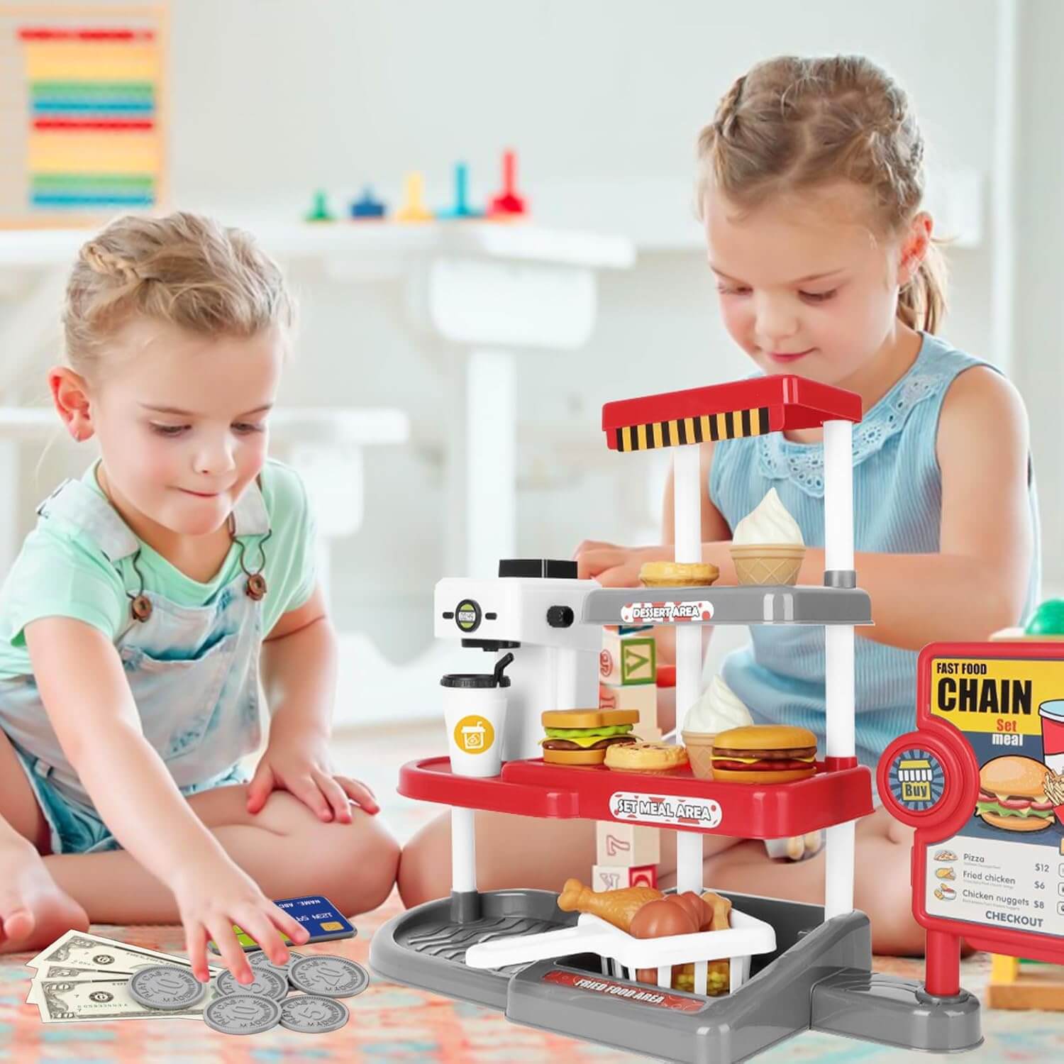 Kids Fast Food Cash Register Play Set with Sound & Accessories