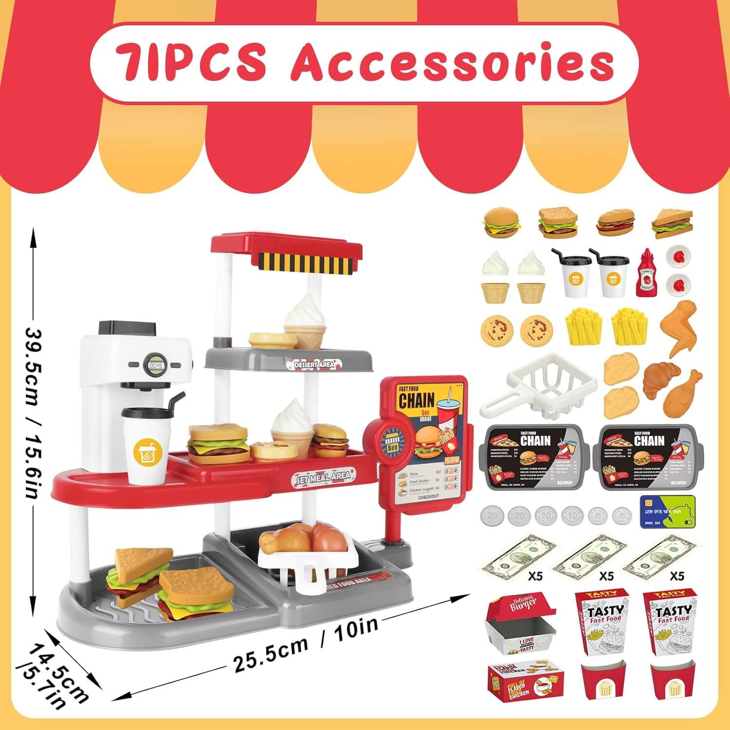 Kids Fast Food Cash Register Play Set with Sound & Accessories