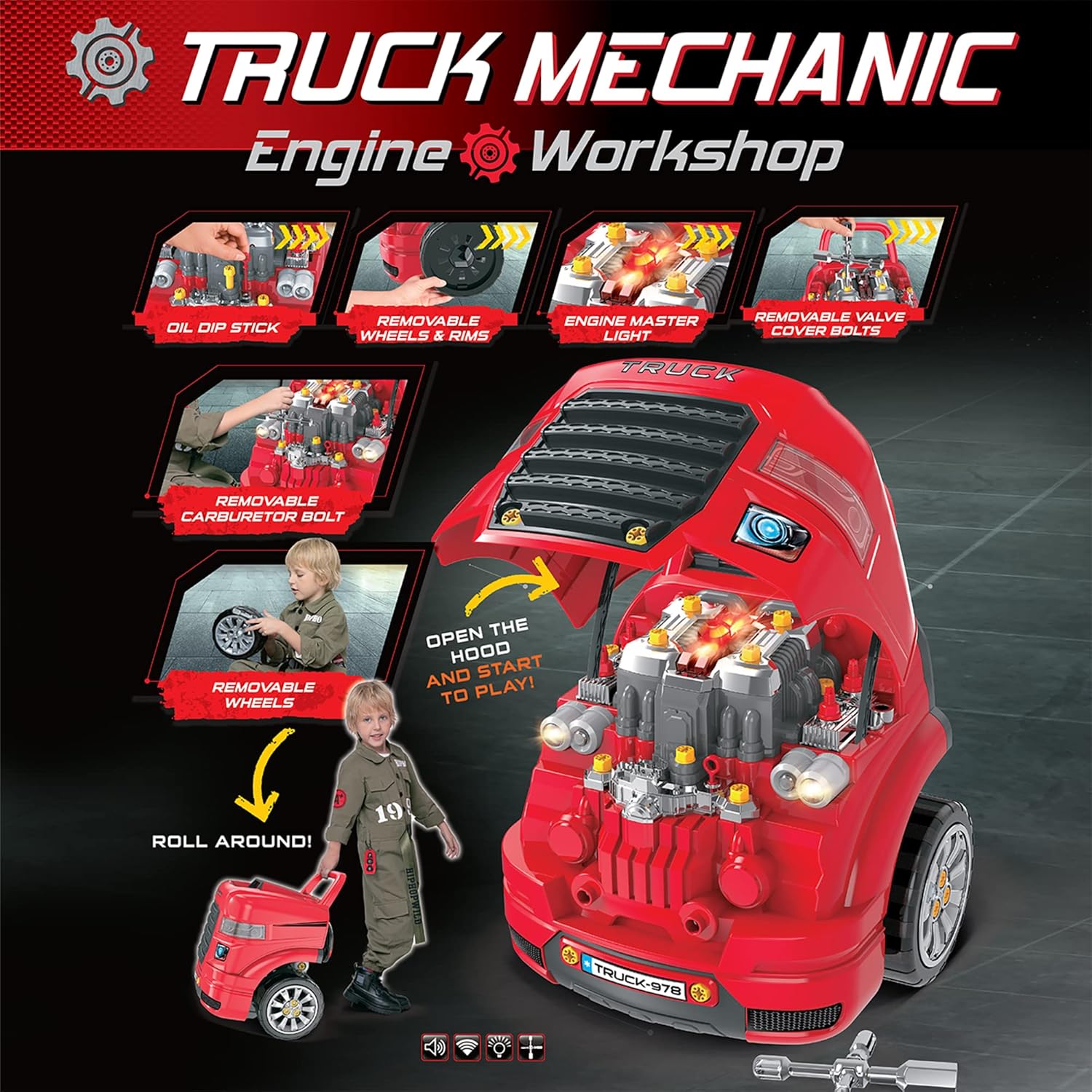 Kids Truck Mechanic Engine Workshop Toy with Lights & Sounds  Take Apart & Rebuild Engine