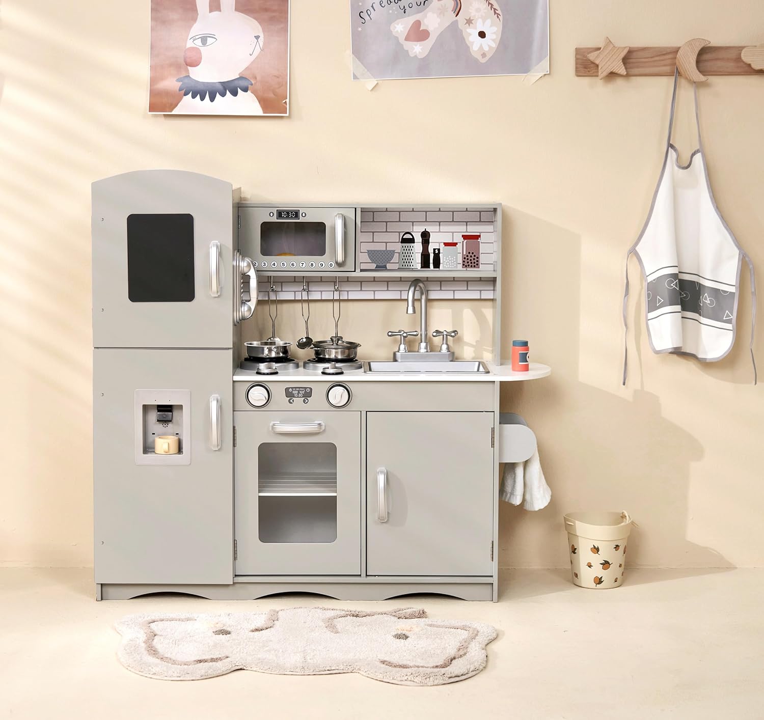 Kids Wooden Play Kitchen Boys Girls Pretend Toy with Sounds and Light Cooking Role Play