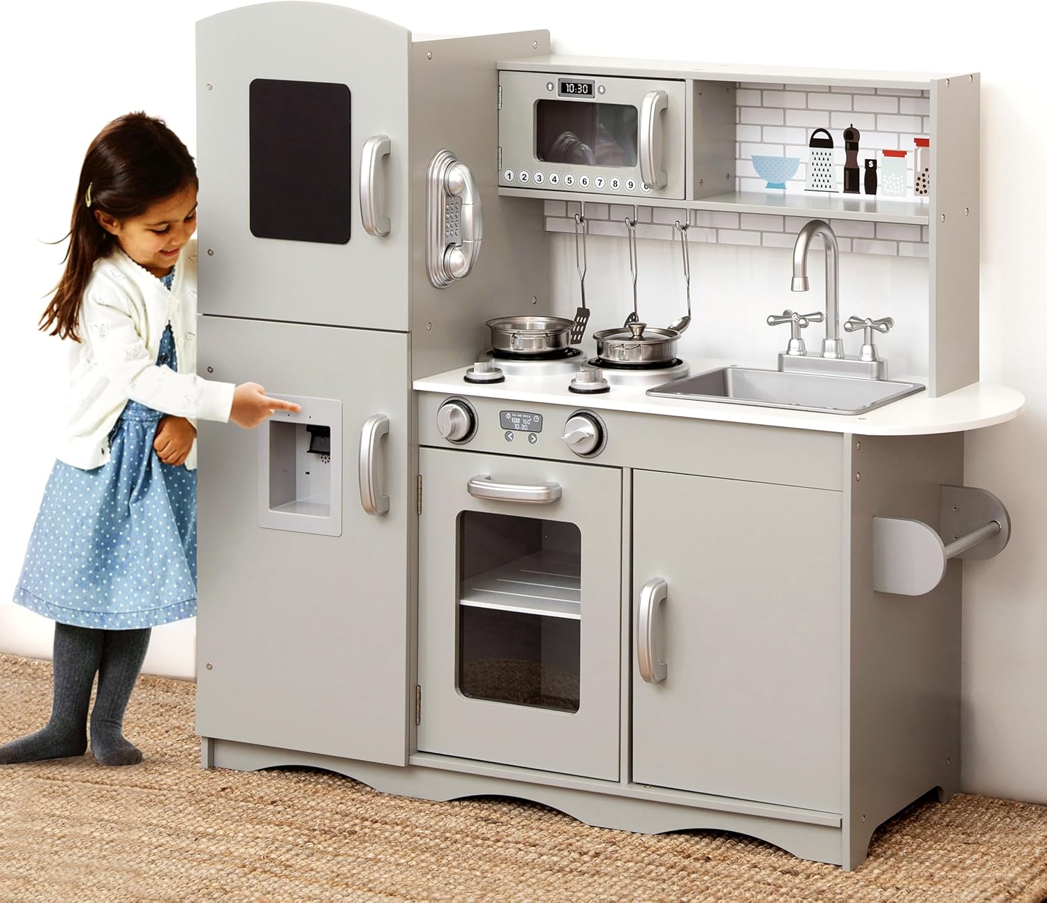 Kids Wooden Play Kitchen Boys Girls Pretend Toy with Sounds and Light Cooking Role Play