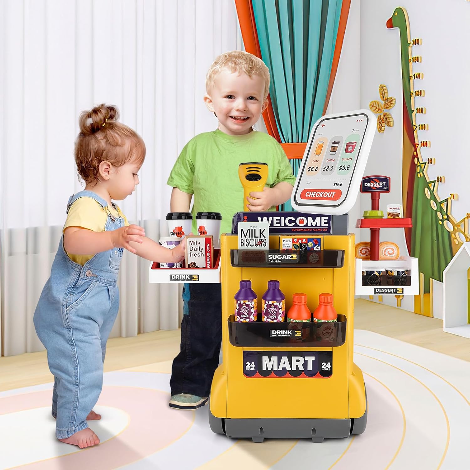 Supermarket Play Set Plastic Toy Cash Register, Calculator Shop 48 Pcs Kids Boys Girls +3