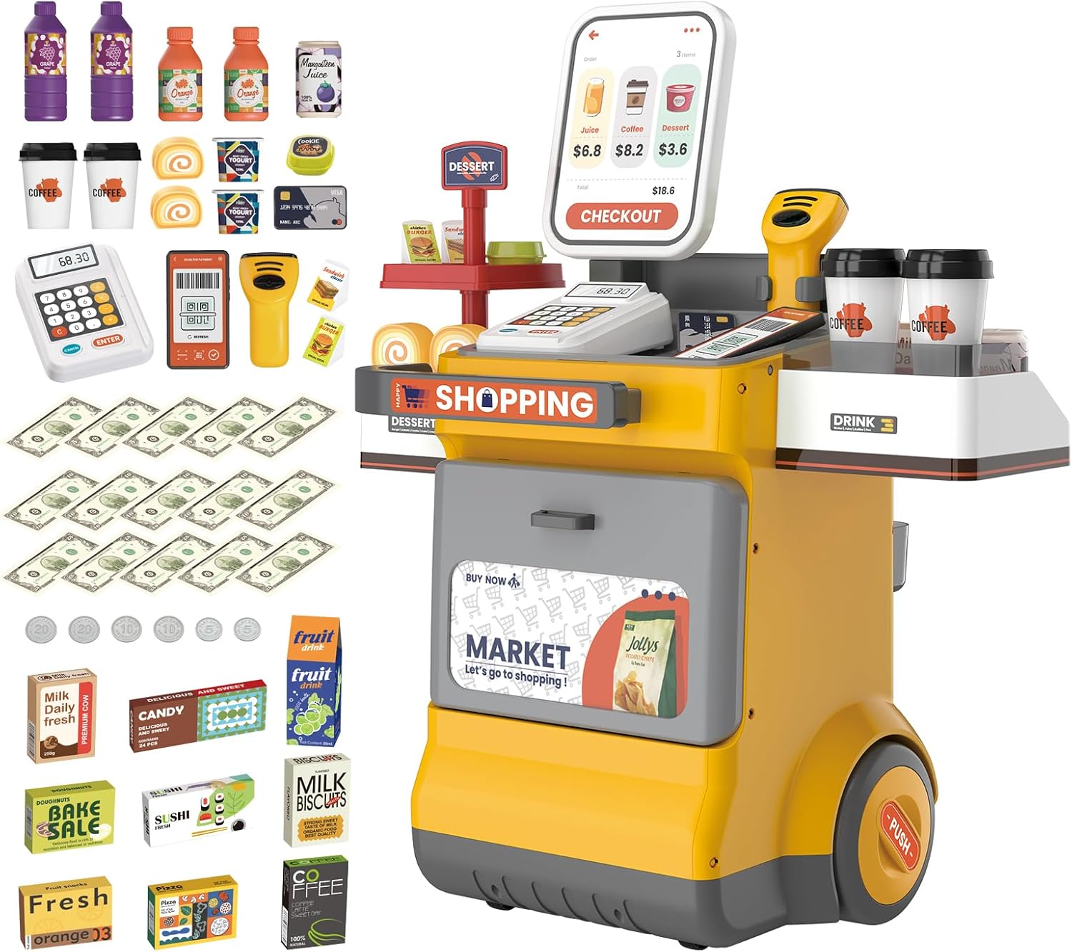 Supermarket Play Set Plastic Toy Cash Register, Calculator Shop 48 Pcs Kids Boys Girls +3