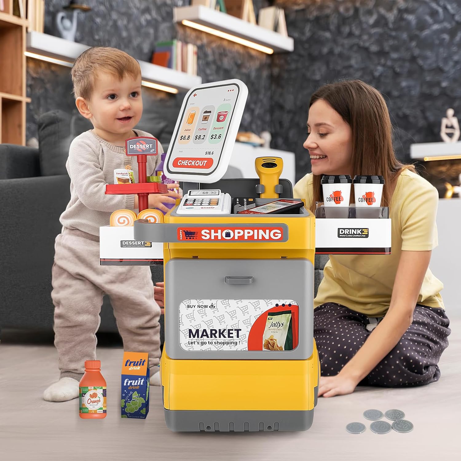 Supermarket Play Set Plastic Toy Cash Register, Calculator Shop 48 Pcs Kids Boys Girls +3