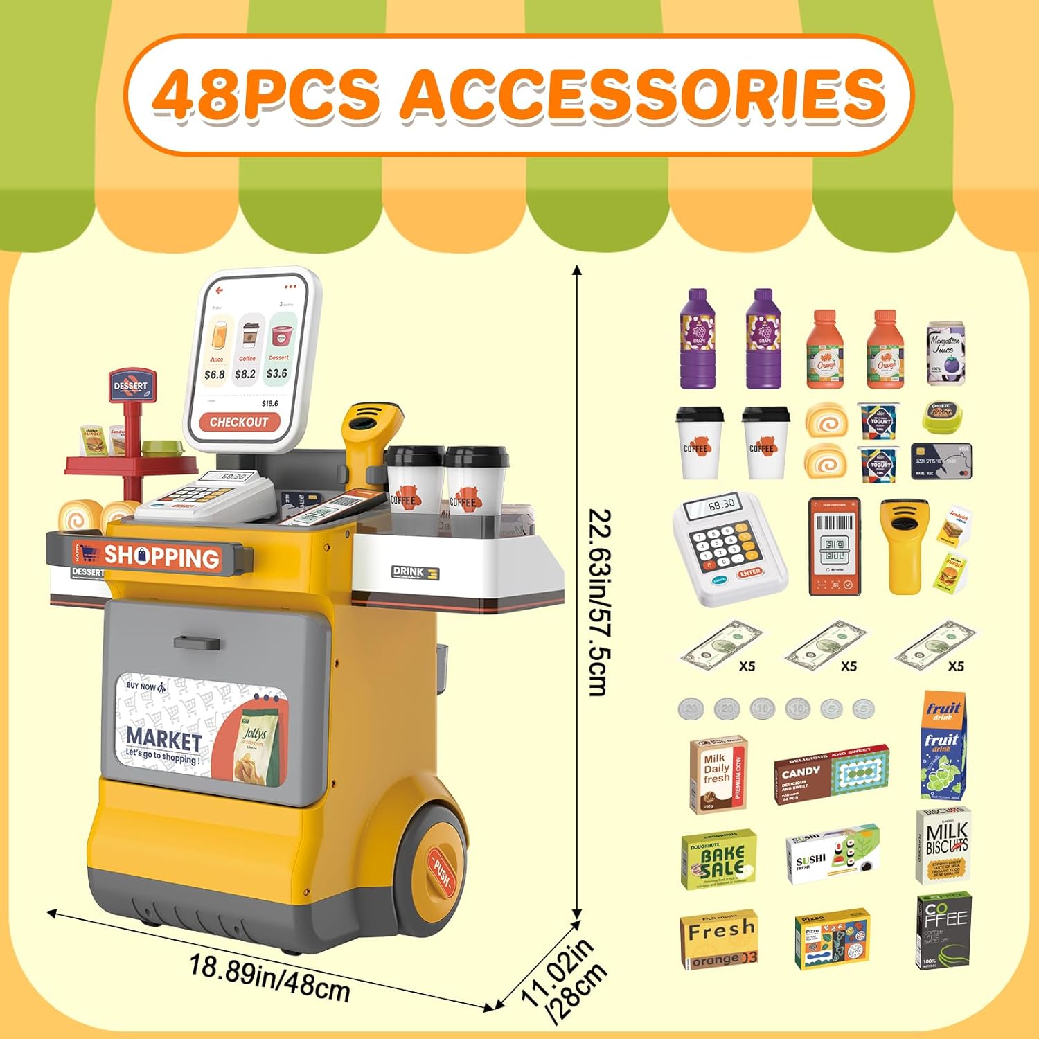Supermarket Play Set Plastic Toy Cash Register, Calculator Shop 48 Pcs Kids Boys Girls +3
