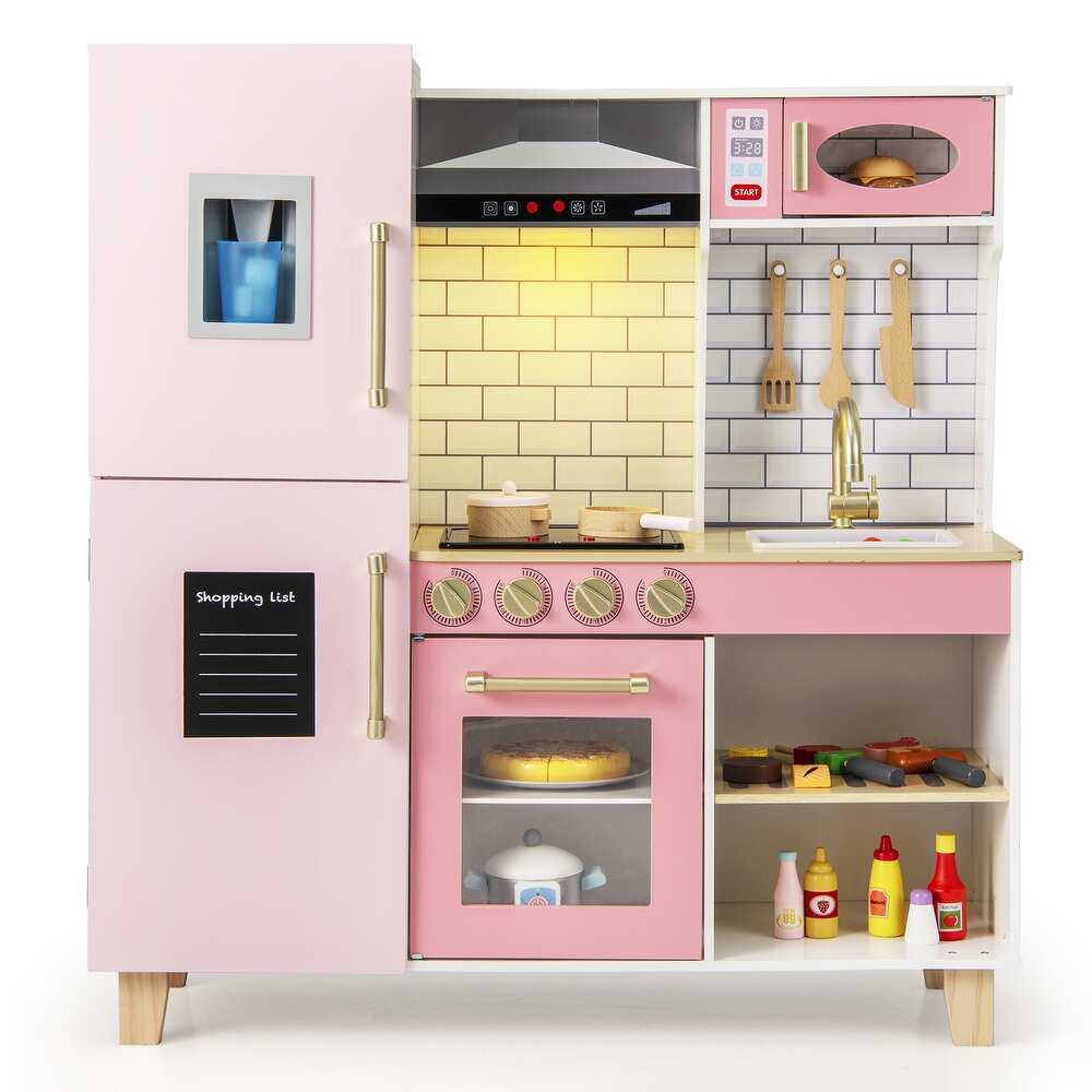 Wooden Pretend Play Kitchen with Ice Maker, Range Hood, and Blackboard Features